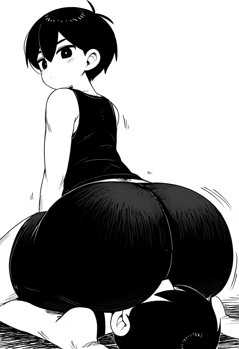 1boy 2024 aged_up ahoge ai_generated anon big_ass black_hair black_shorts butt_sniffing button_eyes expressionless face_in_ass facesitting feet huge_ass looking_back looking_down_at_partner male_only monochrome no_shoes omori omori_(character) pale_skin sitting_on_another sitting_on_face sitting_on_person soles tagme tank_top thick_ass thick_thighs