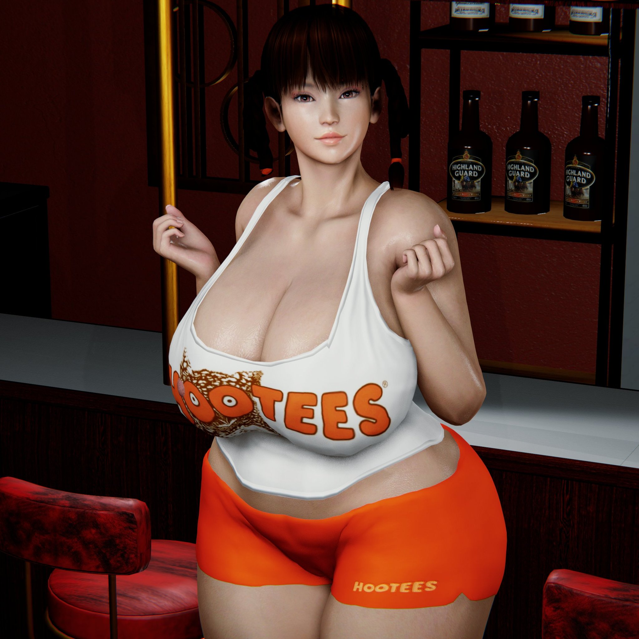 3d, alternate breast size, asian, asian female, ass, breasts, breasts bigger than head, brown hair, busty, cleavage, clothed, clothing, dead or alive, female, female only, gigantic breasts, hooters, huge ass, huge breasts, hyper breasts, lei fang, looking at viewer, short shorts, smiling, smiling at viewer, tank top, text on clothing, thethiccart, thick ass, thick thighs, tight clothes, twin braids, twintails, voluptuous, voluptuous female, wide hips