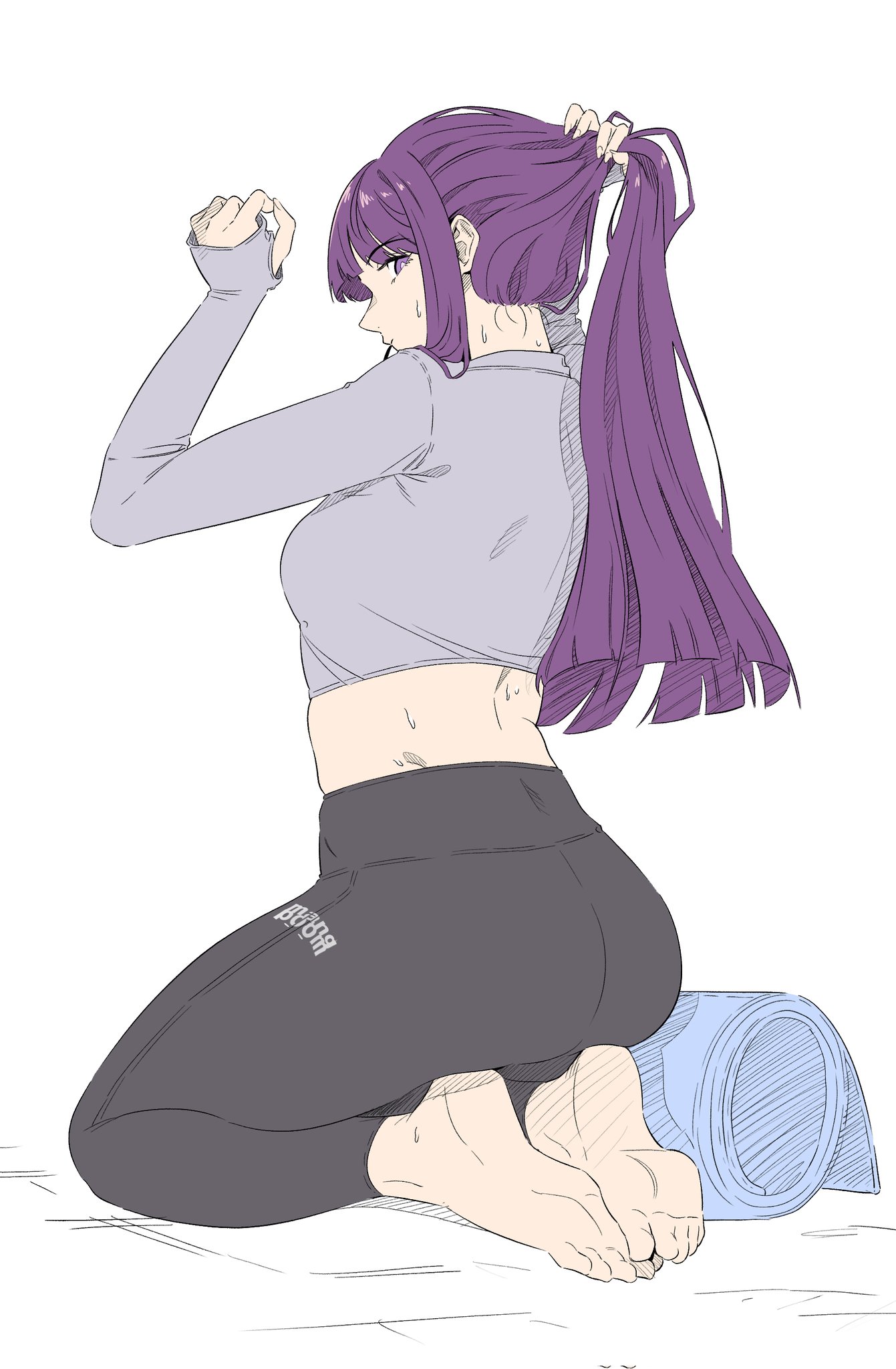 ass, bareback, barefoot, feet up, female, fern (sousou no frieren), kneeling, kneeling female, leggings, long hair, long sleeves, looking at viewer, looking back, mangpoom, purple eyes, purple hair, sousou no frieren, sportswear, thick thighs, tied hair, tying hair, wide hips, yoga pants