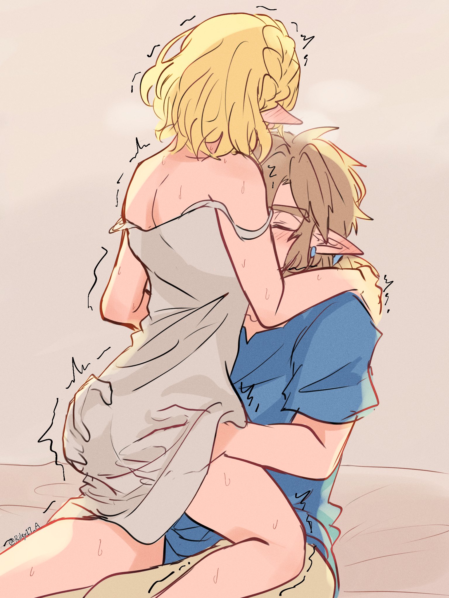 1boy, 1girls, aorin, arms around partner, ass, ass grab, bare legs, between legs, big ass, blonde hair, blush, breasts, breasts on face, closed eyes, elf, elf ears, elf female, embrace, female, hip grab, hugging, kissing, legs around partner, legs held open, legs spread, link, link (tears of the kingdom), male, princess zelda, sleeveless shirt, spread legs, tears of the kingdom, the legend of zelda, twitching, wet, wet body, wet skin, wholesome, zelda (tears of the kingdom)