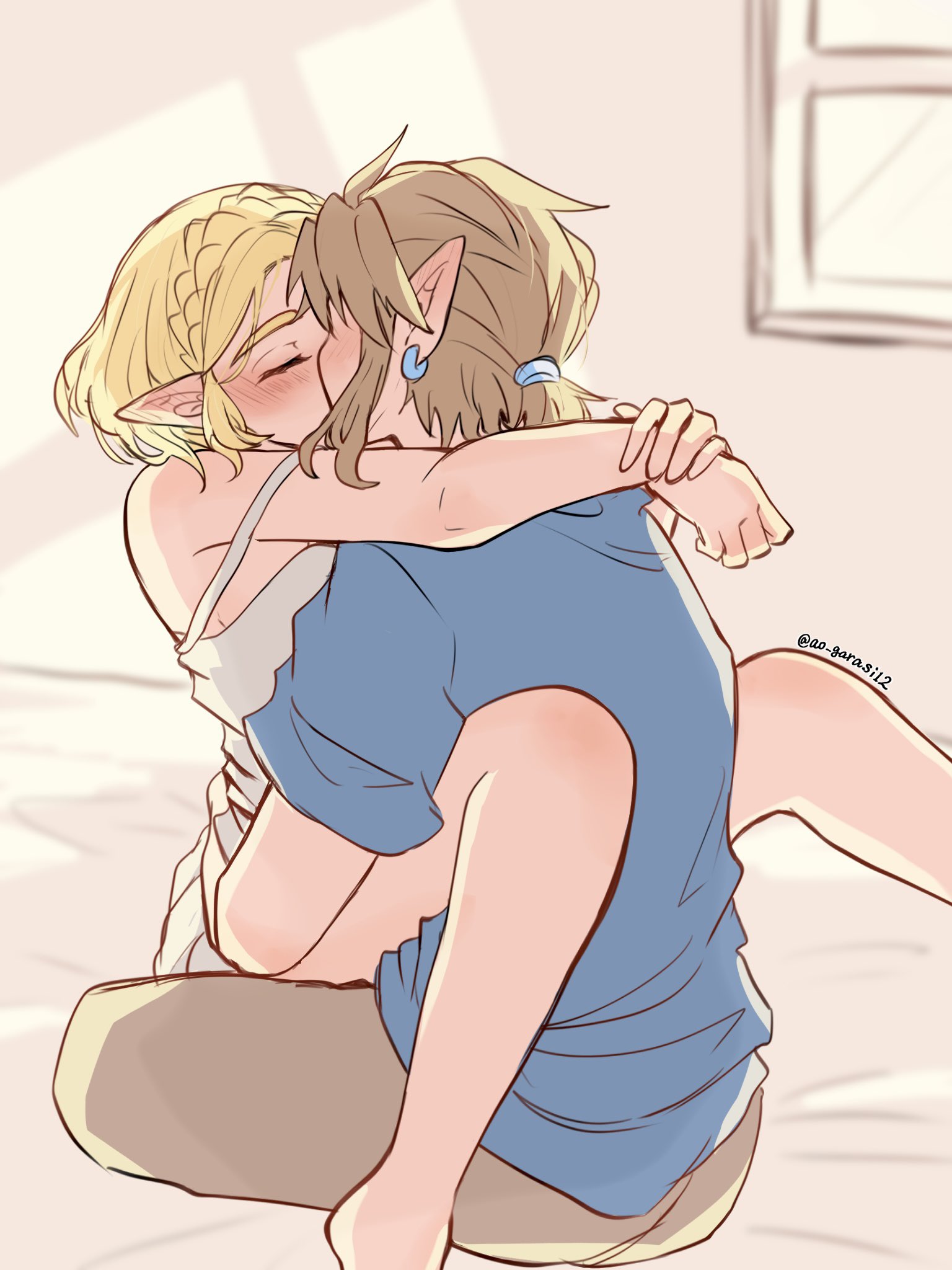 1boy, 1girls, aorin, arms around partner, bare legs, between legs, blonde hair, blush, closed eyes, elf, elf ears, elf female, embrace, female, hip grab, hugging, intimate, kissing, legs around partner, legs held open, legs spread, link, link (tears of the kingdom), male, princess zelda, sleeveless shirt, spread legs, tears of the kingdom, the legend of zelda, wholesome, zelda (tears of the kingdom)