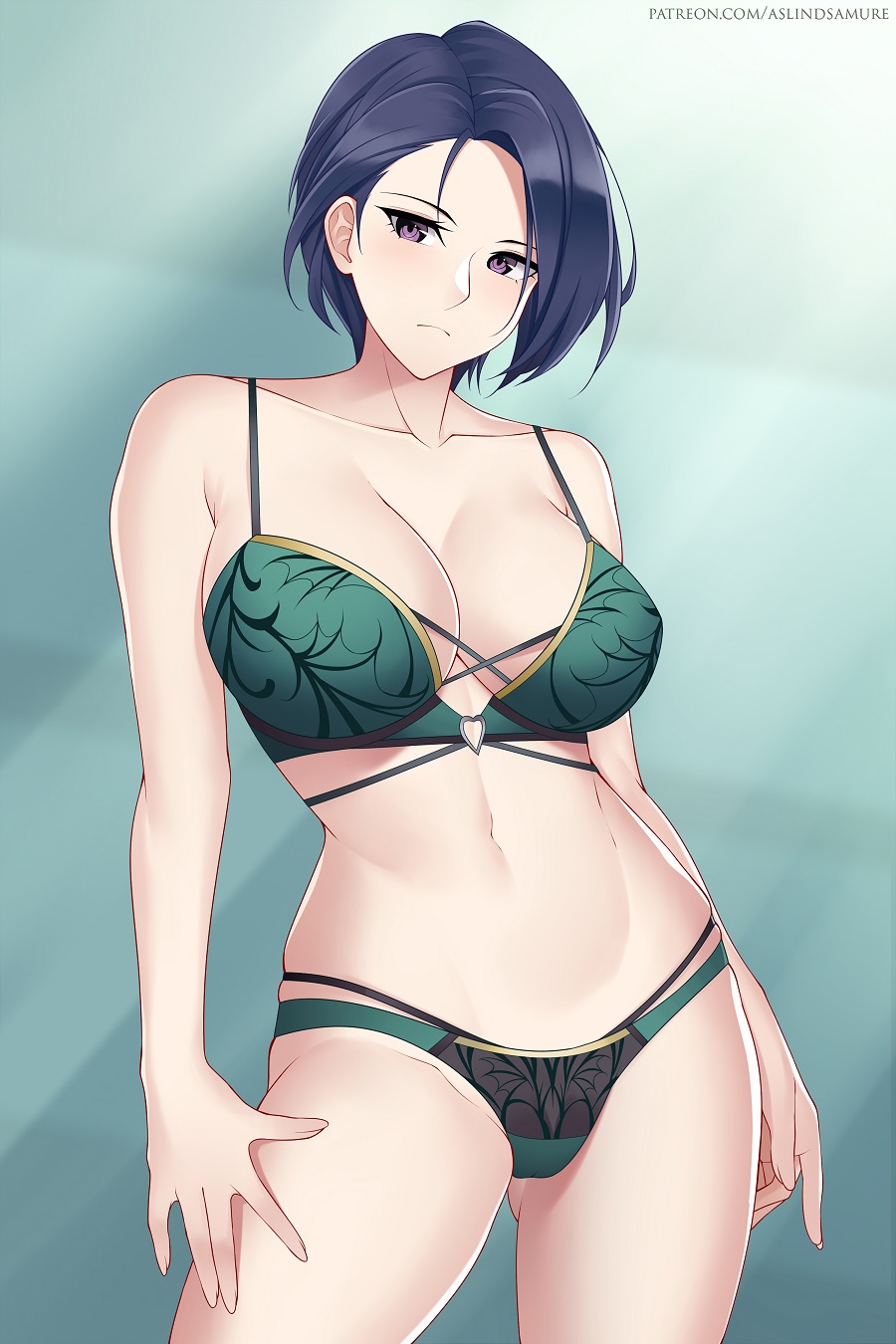 1girls aslindsamure ass_visible_through_thighs black_panties blue_hair blush bra breasts clothing female female_only fire_emblem fire_emblem:_three_houses green_bra green_panties large_breasts matching_underwear mature_female nintendo panties purple_eyes shamir_nevrand short_hair solo thick_thighs