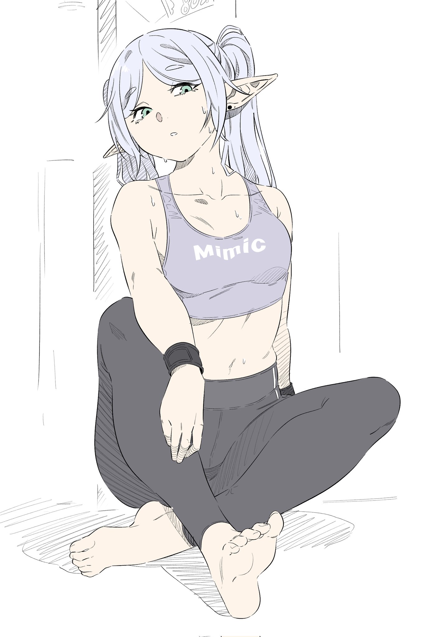 1girls, after workout, barefoot, belly button, breasts, elf, elf ears, elf female, feet, female, female only, frieren, green eyes, leggings, long hair, looking at viewer, mangpoom, petite, petite body, petite female, sitting down, sitting on floor, slim waist, small breasts, solo, sousou no frieren, sports bra, sportswear, sweat, tied hair, wet body, wet skin, white hair, yoga pants