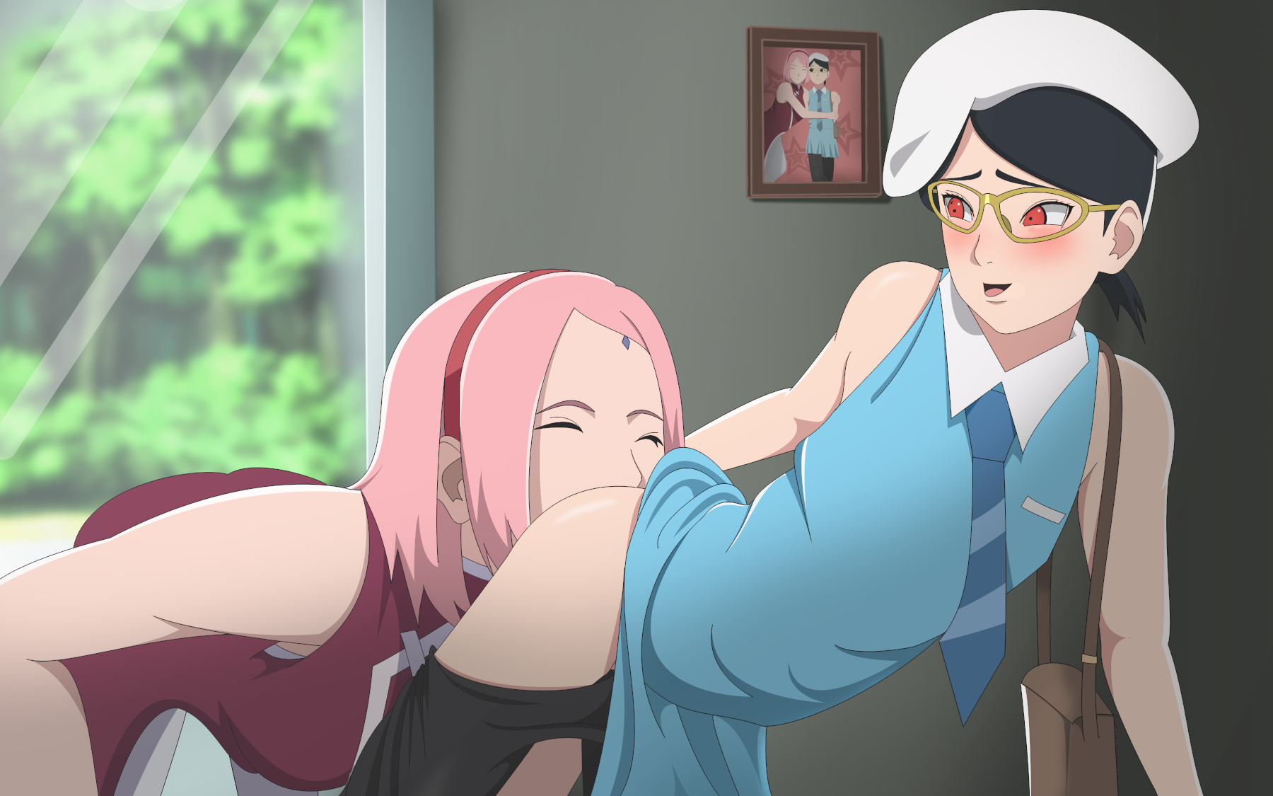 2girls, adult, age difference, alternate costume, alternate hairstyle, ass, bent over, beret, black hair, blush, boruto: naruto next generations, clothed sex, cunnilingus, dress, dress lift, eating ass, female, female only, glasses, handbag, happy sex, incest, indoors, moaning, mother and daughter, multiple females, multiple girls, naruto, naruto (series), necktie, older female and younger female, optimystic, oral, oral sex, pants, pants down, petite, pink hair, ponytail, purse, red eyes, sakura haruno, sarada uchiha, sharingan, teenager, young, younger female, yuri