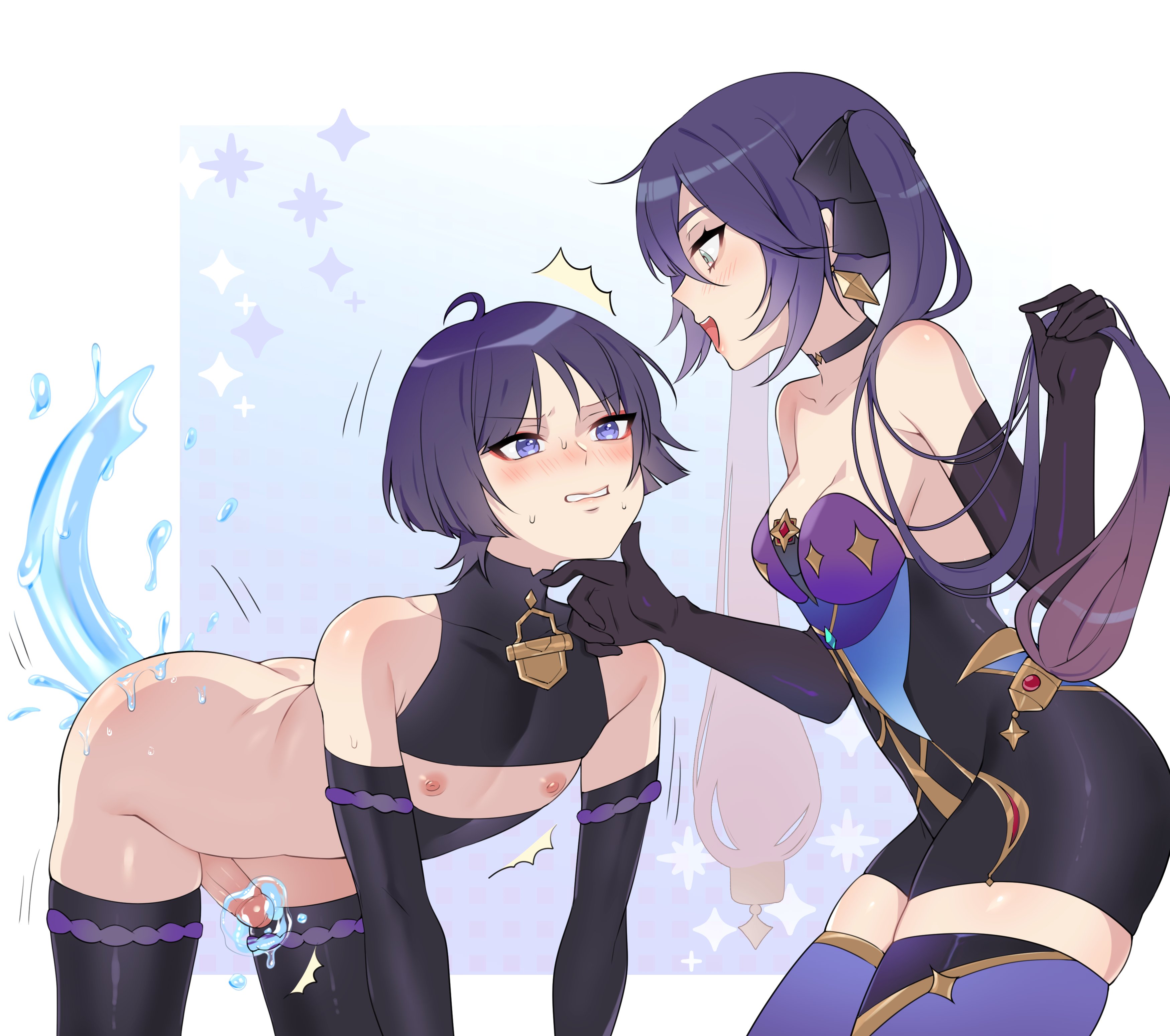 1boy, 1girls, ass, bent over, black clothing, blush, detached sleeves, female, genshin impact, hahi hos, light skin, light-skinned female, light-skinned male, long hair, male, mona (genshin impact), nipples, penis, purple eyes, purple hair, scaramouche (genshin impact), short hair, straight, sweat, thighhighs, water