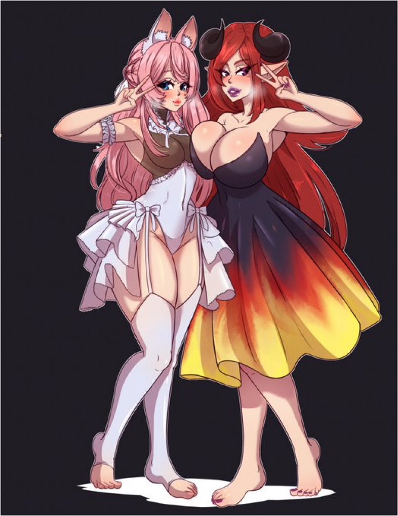 2girls animal_ears bare_shoulders barefoot big_lips blue_eyes breasts cleavage demon demon_girl dog_ears dog_girl dress female fingernails frills garter_straps horns huge_breasts large_breasts leotard lips long_hair looking_at_viewer maid multiple_girls nail_polish pink_hair pink_nails pointy_ears red_hair smile strapless strapless_dress thighhighs toeless_legwear toenail_polish v virtual_youtuber vyugen white_legwear yuniiho_(character)