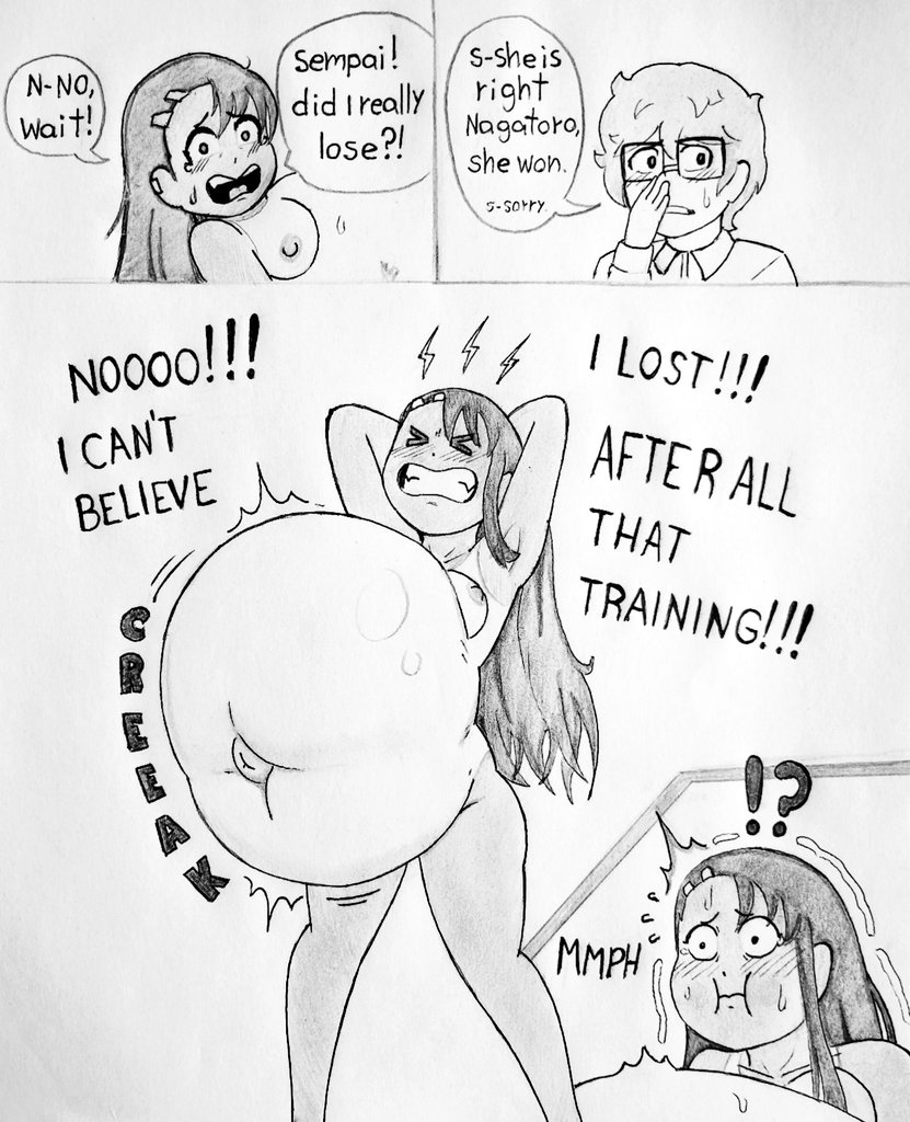 1boy 1girls about_to_burst about_to_explode belly_expansion belly_inflation black_and_white female_only hayase_nagatoro inflated_belly inflation inflation_fetish please_don't_bully_me,_nagatoro ronic_lagann sketch