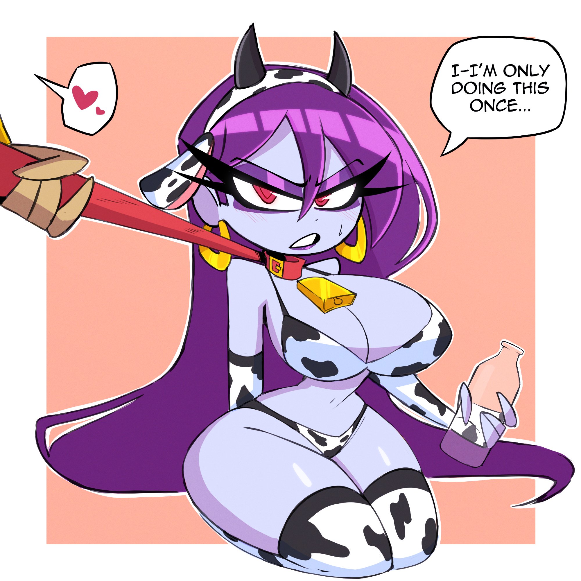 1girls, breasts, cleavage, cow ears, cow girl, cow horns, cow print armwear, cow print bikini, cow print thighhighs, cowbell, curvy, english text, eyelashes, female, grin, holding bottle, huge breasts, kneeling, leash, long hair, navel, nelljoestar, purple hair, purple skin, red eyes, risky boots, shantae, sweat, text, text bubble, thick thighs, wayforward, white outline, wide hips