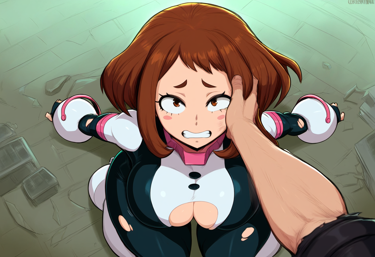 1boy, 1girls, ai generated, bodysuit, boku no hero academia, breasts, defeated, defeated heroine, destruction, female, imminent rape, imminent sex, large breasts, male, my hero academia, novelai, ochako uraraka, pov, thick thighs, torn bodysuit, torn clothes