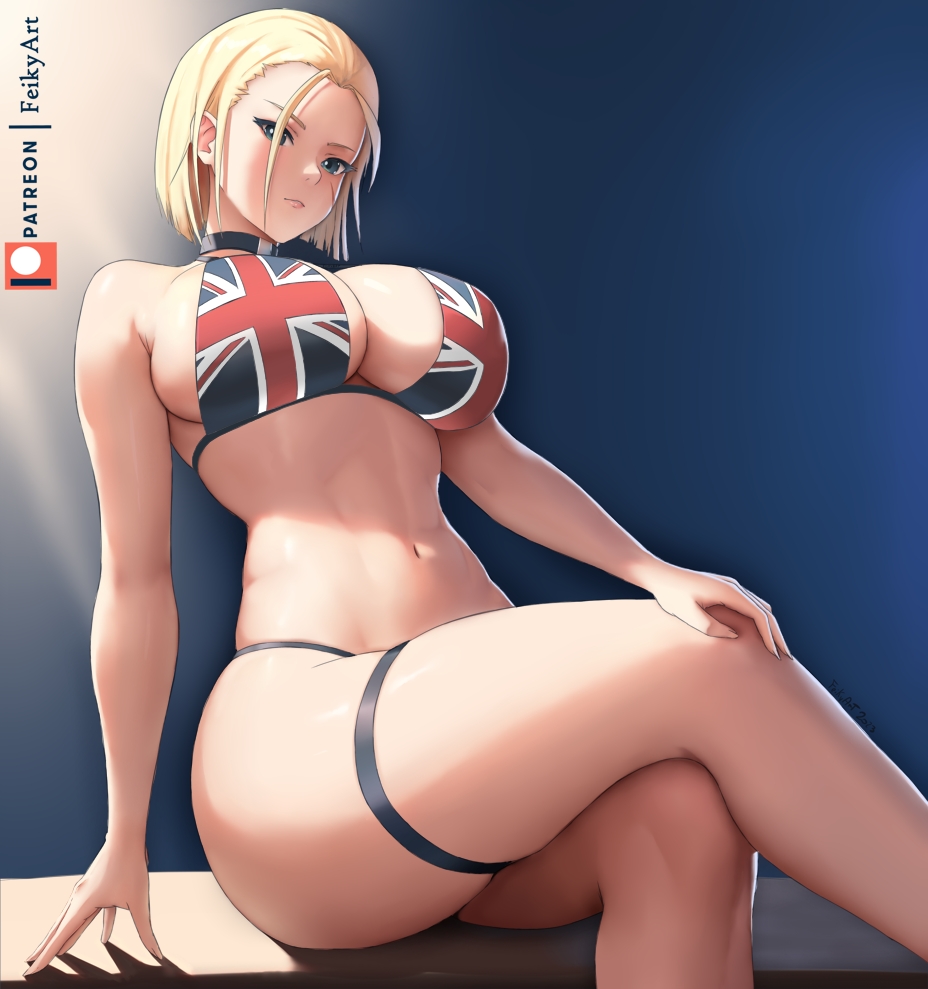 1girls bikini blonde_hair blue_eyes breasts cammy_white capcom crossed_legs feikyart female female_focus large_breasts navel patreon_username short_hair sitting solo street_fighter street_fighter_6 swimsuit tagme thick_thighs thighs union_jack union_jack_bikini watermark