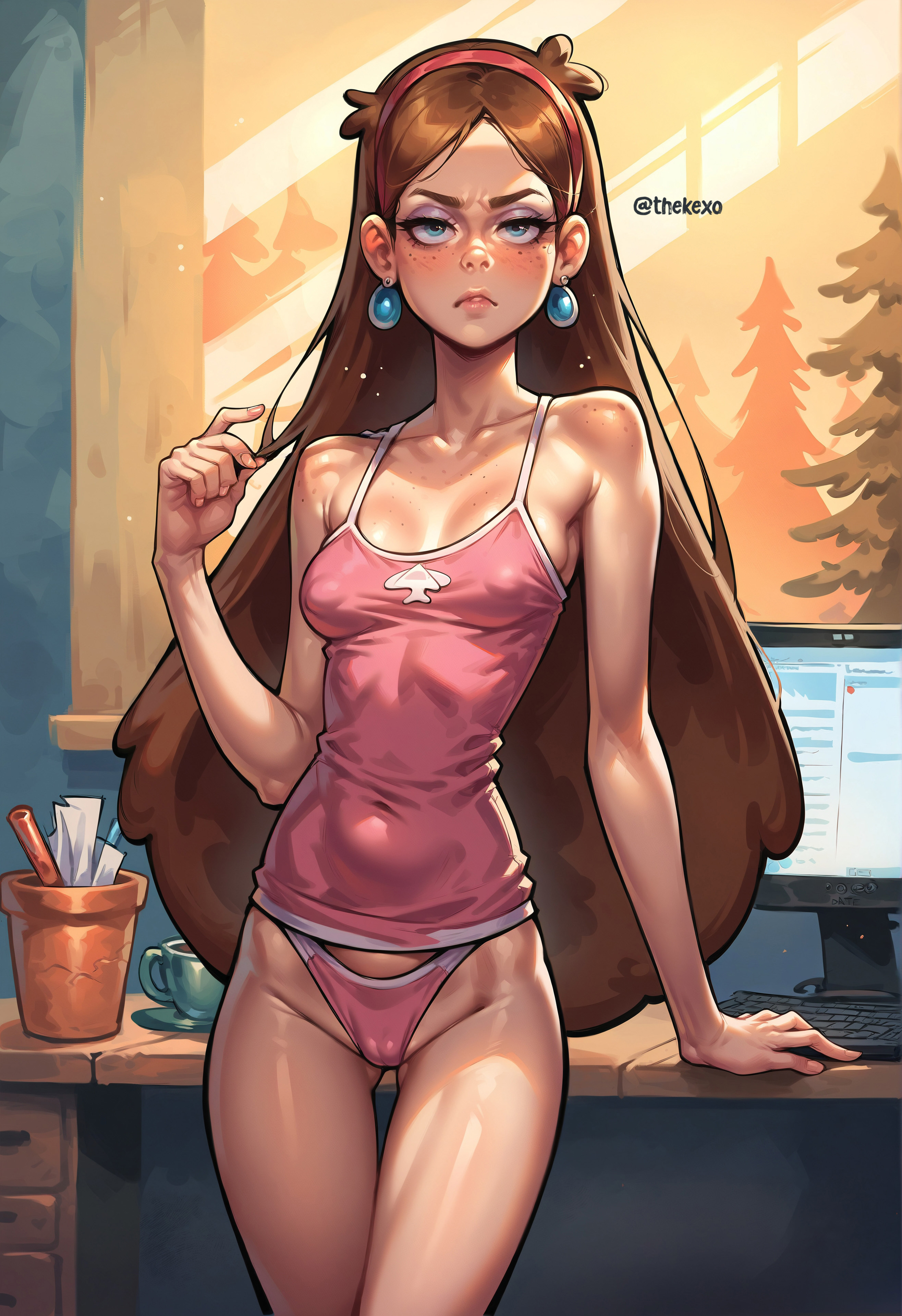 ai generated, breasts, brown hair, cameltoe, camisole, earrings, female, gravity falls, headband, long hair, looking at viewer, mabel pines, panties, petite, puffy nipples, pussy, skinny, slim, solo, standing, thekexo, unamused