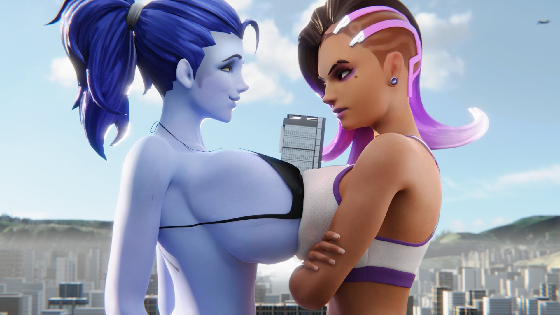 2girls, 3d, activision, amelie lacroix, ass, assassin, athletic, athletic female, big ass, big breasts, blizzard entertainment, blue body, blue skin, blue-skinned female, bottom heavy, breasts, brown body, brown skin, brown-skinned female, bust, busty, chest, curvaceous, curves, curvy, curvy figure, dark skin, dark-skinned female, digital media (artwork), female, female focus, fit, fit female, french, french female, giant ass, giant breasts, giantess, gigaenjoyer, hips, hourglass figure, huge ass, human, large ass, latina, legs, lips, macro, macro female, mature, mature female, mexican, mexican female, olivia colomar, overwatch, overwatch 2, purple body, purple hair, purple skin, purple-skinned female, slim waist, sombra, thick, thick hips, thick legs, thick thighs, thighs, top heavy, voluptuous, waist, wide hips, widowmaker