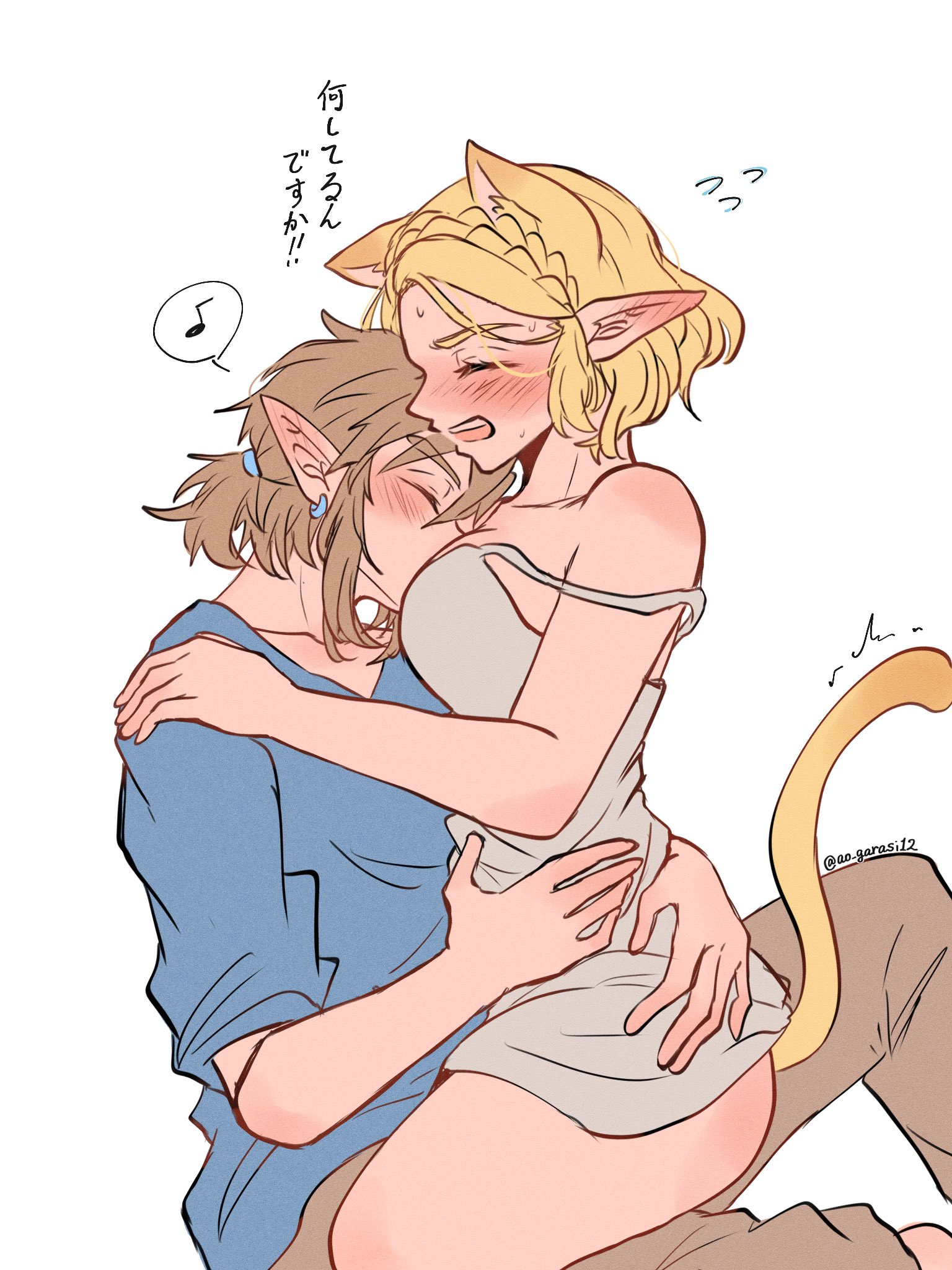 1boy, 1girls, aorin, arms around partner, arms around waist, bare legs, between legs, blonde hair, blush, breasts, breasts on face, closed eyes, elf, elf ears, elf female, embrace, female, furry ears, furry tail, hip grab, hugging, kissing, legs around partner, legs held open, legs spread, link, link (tears of the kingdom), male, princess zelda, sleeveless shirt, spread legs, tail, tears of the kingdom, the legend of zelda, wholesome, zelda (tears of the kingdom)