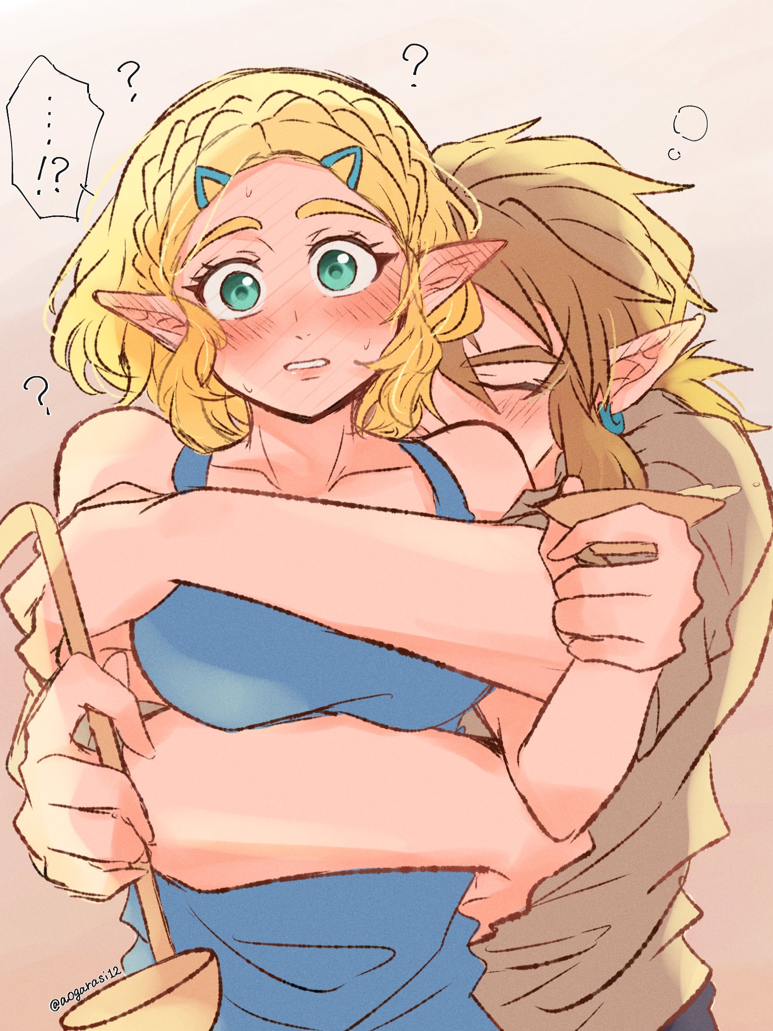 1boy, 1girls, aorin, arm under breasts, arms around waist, big breasts, blonde hair, blush, breast squeeze, breast squish, breasts, closed eyes, elf, elf ears, elf female, embarrassed, embarrassed female, embrace, female, hugging, link, link (tears of the kingdom), male, princess zelda, question mark, sleeveless shirt, tears of the kingdom, the legend of zelda, wholesome, zelda (tears of the kingdom)