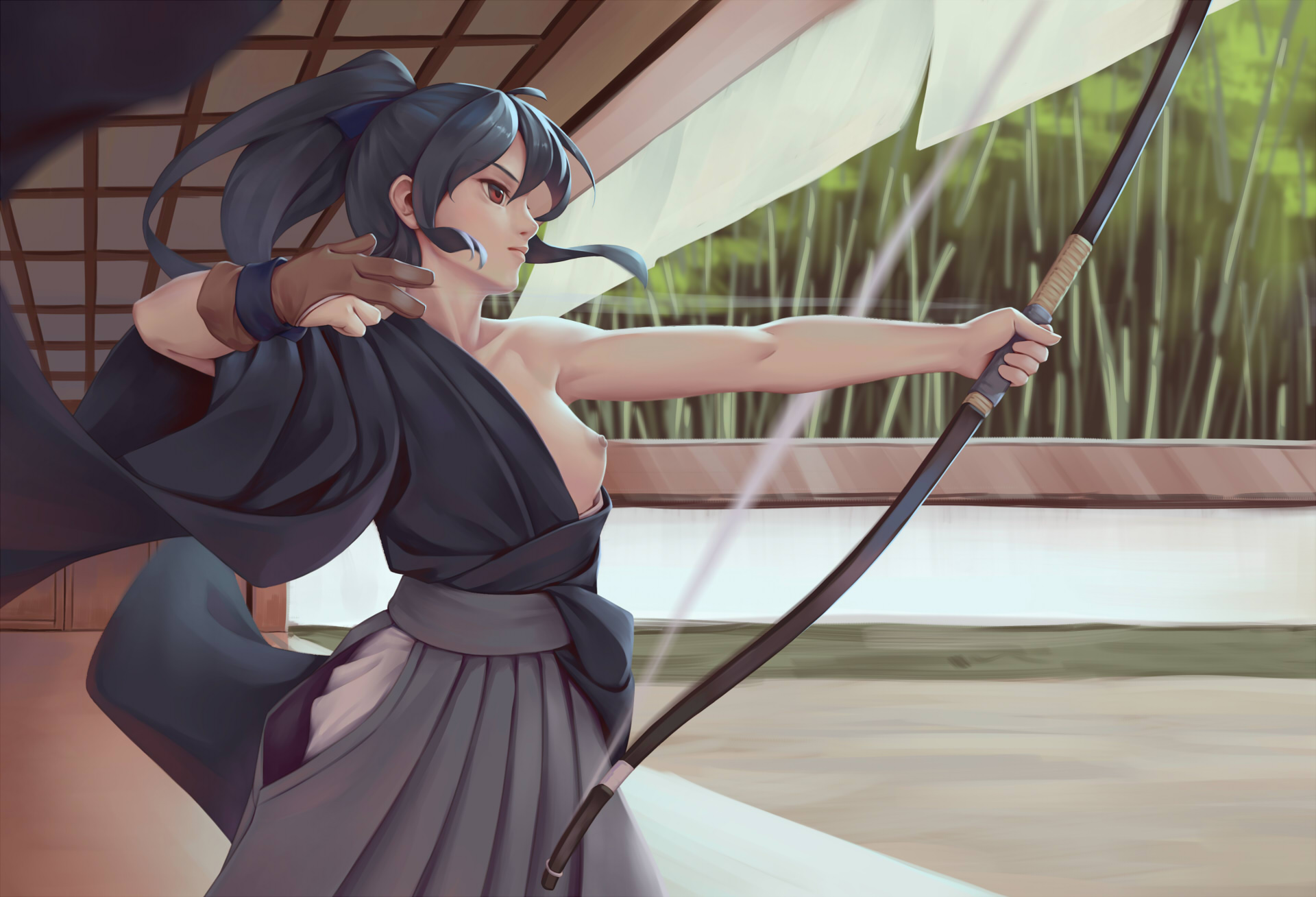bigrbear, black hair, bow and arrow, breasts, casual exposure, female, female only, hakama, japanese clothes, one breast out, original, ponytail, robe, solo