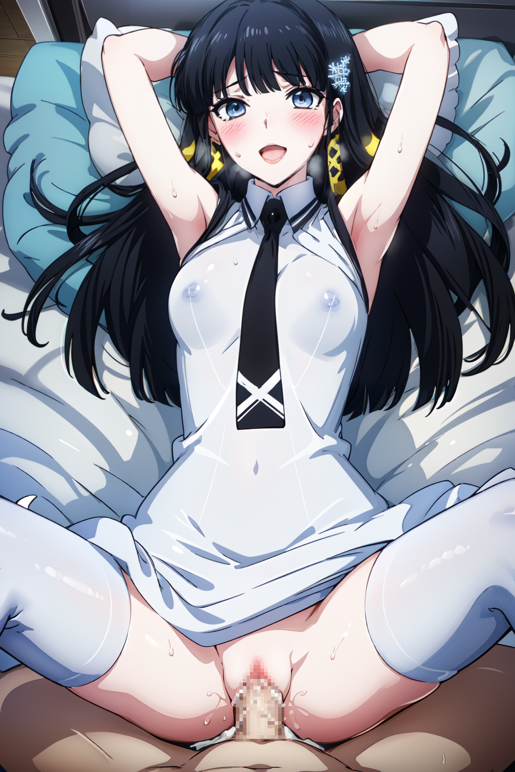 1boy ai_generated arms_above_head arms_behind_head arms_raised bed black_tie breasts_visible_through_clothing dress lying_on_back lying_on_bed mahouka_koukou_no_rettousei missionary_position missionary_sex navel_visible_through_clothes nipples_visible_through_clothing open_legs panting pillow school_uniform schoolgirl_uniform sex shiba_miyuki spread_legs steamy_breath thigh_highs thighhighs tie