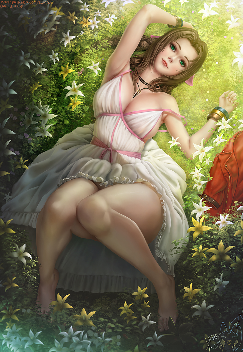 1girls, 2020, aerith gainsborough, armpit crease, barefoot, bow, bracelet, braid, braided ponytail, breasts, cleavage, convenient leg, dated, dress, feet, female, final fantasy, final fantasy vii, flower, full body, grass, green eyes, hair ornament, hairbow, head tilt, jacket, jacket removed, jewelry, knees up, large breasts, light smile, lily (flower), limgae, lips, looking at viewer, lying, necklace, on back, on ground, patreon username, ponytail, sideboob, signature, single braid, sleeveless, sleeveless dress, solo, square enix, strap slip, thick thighs, thighs, tied hair, viewed from above, white dress
