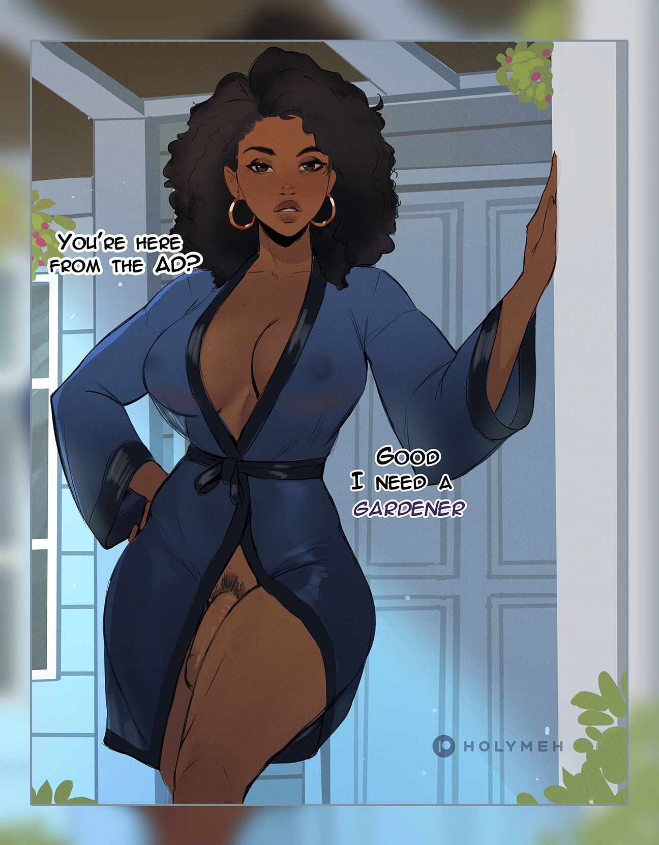 1futa, 2d, bathrobe, big breasts, big penis, black hair, blush, boni (holymeh), bottomless, breasts, brown eyes, brown hair, clothed, clothing, curly hair, dark skin, dark-skinned futa, dialogue, earrings, english text, flaccid, flaccid penis, futa only, futanari, holymeh, human, intersex, large breasts, leaning, long hair, nipples visible through clothing, original character, partially clothed, penis, pubic hair, see-through, solo, standing, text, thighs