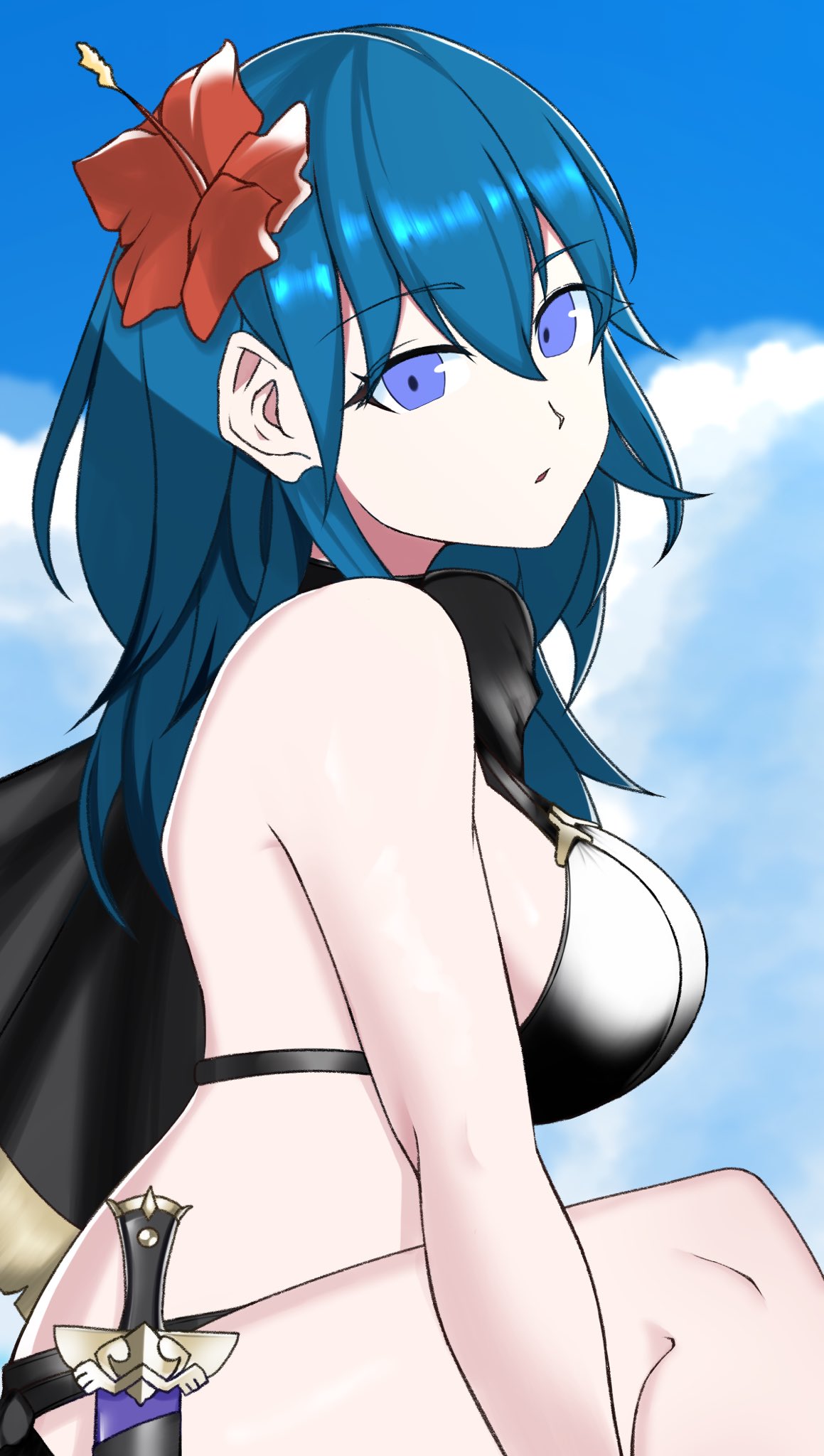 alternate_costume bikini black_bikini black_swimsuit blue_eyes breasts byleth_(female)_(summer)_(fire_emblem) byleth_(fire_emblem) byleth_(fire_emblem)_(female) female female_only fire_emblem fire_emblem:_three_houses fire_emblem_heroes nintendo official_alternate_costume ondur solo swimsuit