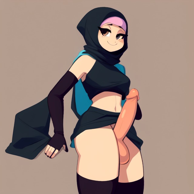 1futa ai_generated aifutalover elbow_gloves futanari gynomorph hijab human looking_at_viewer lowres smug thighhighs