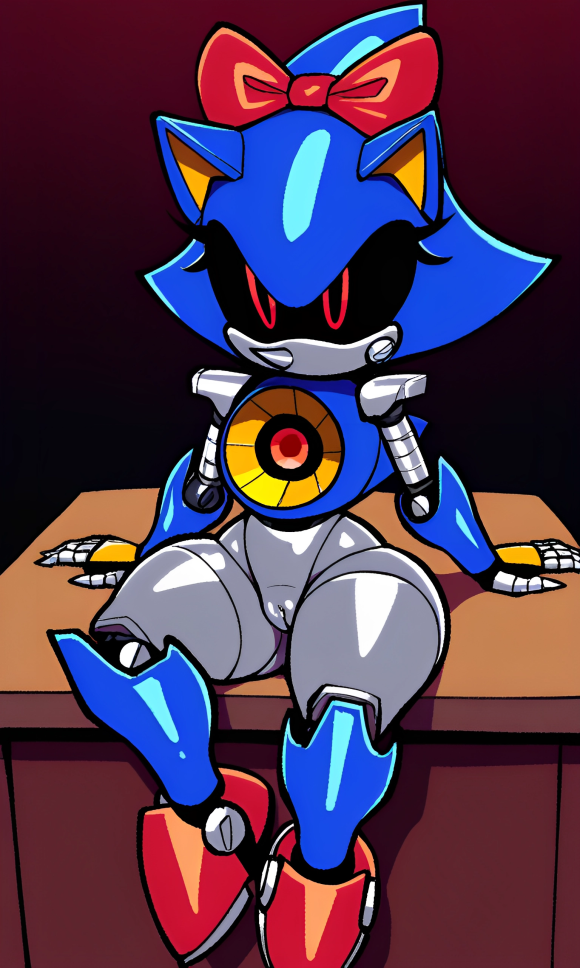 5_fingers ai_generated blue_skin bow eyelashes female genderswap_(mtf) grey_skin metal_sonic no_mouth pixai pussy red_bow red_eyes red_pupils robot robot_girl robot_joints rule_63 sharp_fingers shiny_skin short_girl shoulder_pads sitting_on_table slim_waist solo sonic_(series) sonic_the_hedgehog_(series) thick_thighs