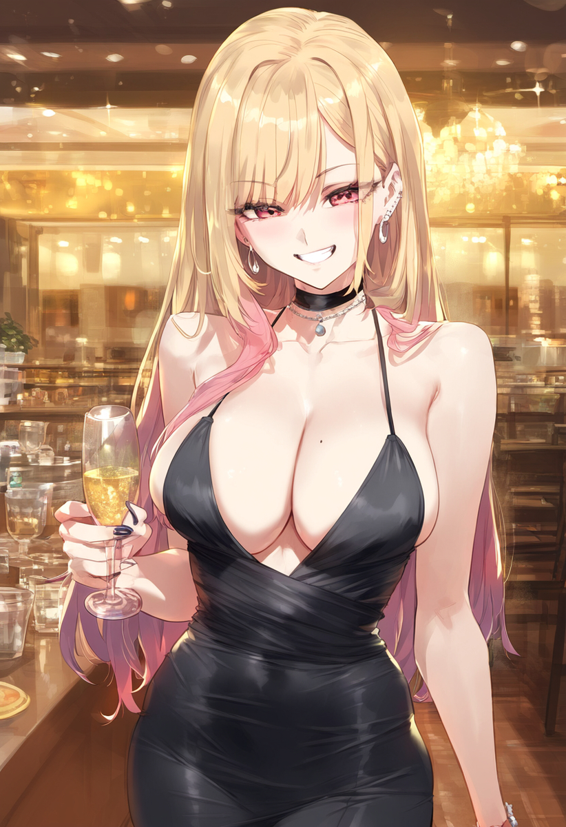 1girls, ai generated, bare arms, bare shoulders, big breasts, blonde hair, blush, breasts, clothed, clothing, color, female, female focus, female only, fsm, hi res, kitagawa marin, large breasts, light skin, light-skinned female, long hair, looking at viewer, mommy, pink eyes, solo, solo female, sono bisque doll wa koi wo suru, tagme, thick thighs