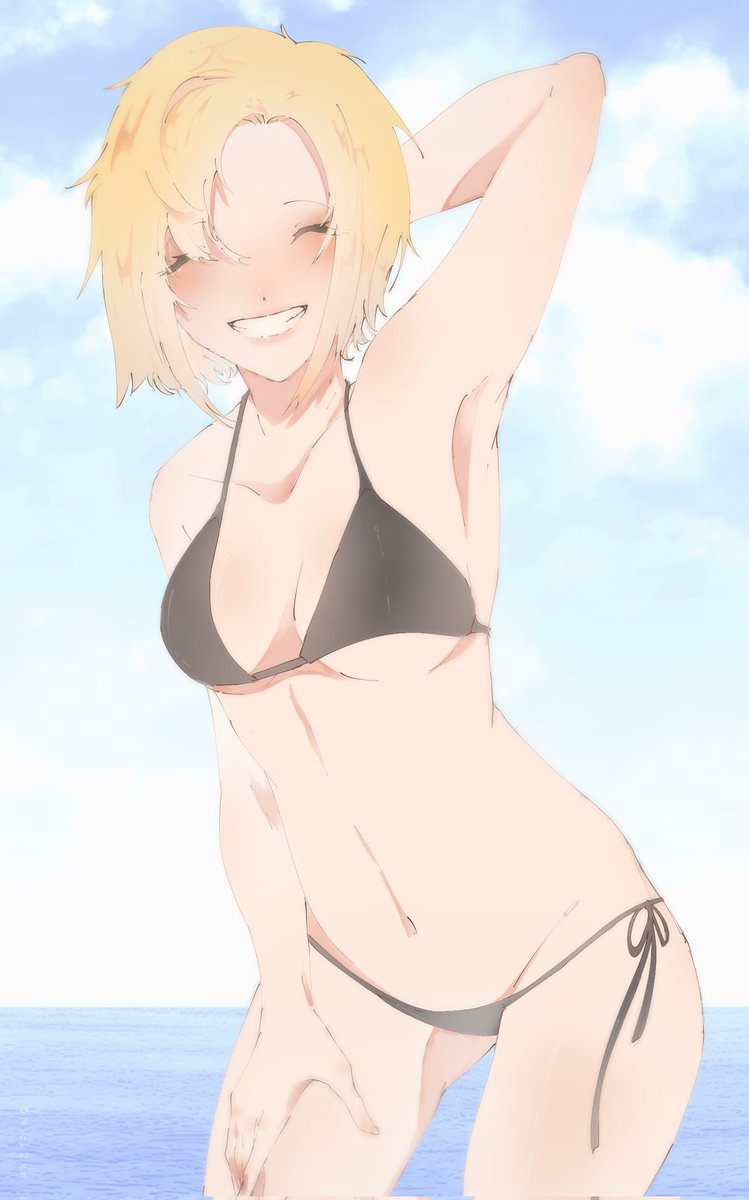 1girls belly_button black_bra black_panties blush blushed boobs bra breasts closed_eyes female flush flushed hair hand_behind_head las_perrerias_de_mike navel panties robin_(las_perrerias_de_mike) short_hair smile smiling smiling_at_viewer solo tits yellow_hair