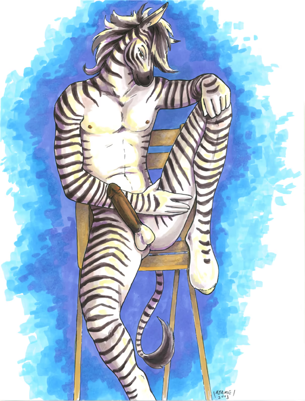 2003 anthro anthro_only ayame_emaya balls blue_background chair cocky equid equine erection furniture genitals hand_on_knee hand_on_leg hand_on_thigh male male/male male_only mammal nude on_chair signature simple_background sitting sitting_on_chair solo stripes white_background zebra