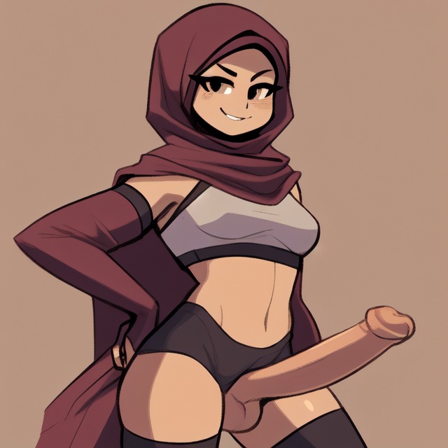 1futa ai_generated aifutalover elbow_gloves futanari gynomorph hijab human looking_at_viewer lowres smug thighhighs