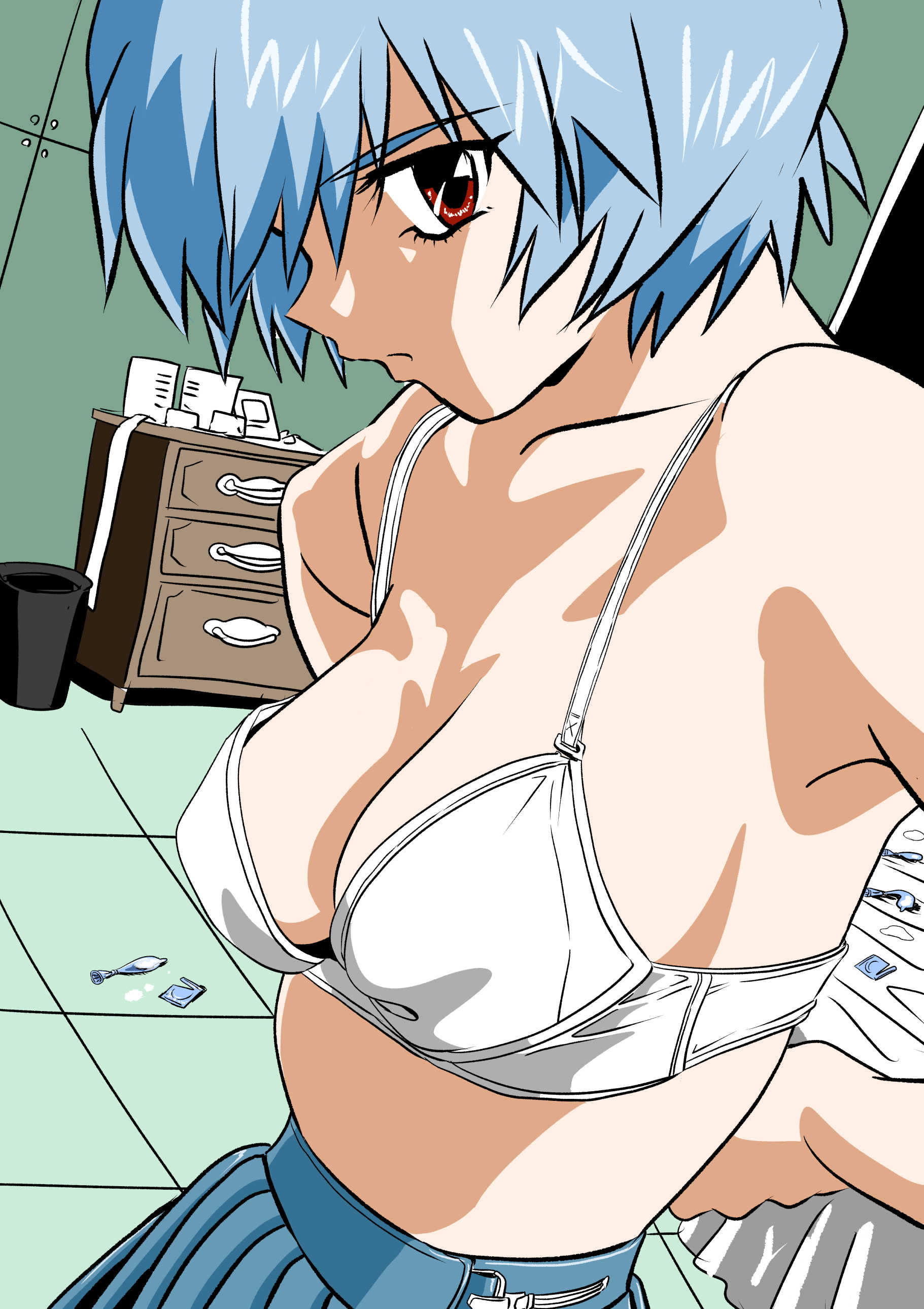 1girls, after sex, big breasts, blue hair, bra, breasts, clavicle, female, female only, looking at viewer, medium breasts, neon genesis evangelion, on model, open shirt, red eyes, rei ayanami, removing bra, removing clothing, shirt removed, short hair, side view, sideboob, skirt, slim waist, solo, teenage girl, teenager, underwear, used condom, yuutaku1618