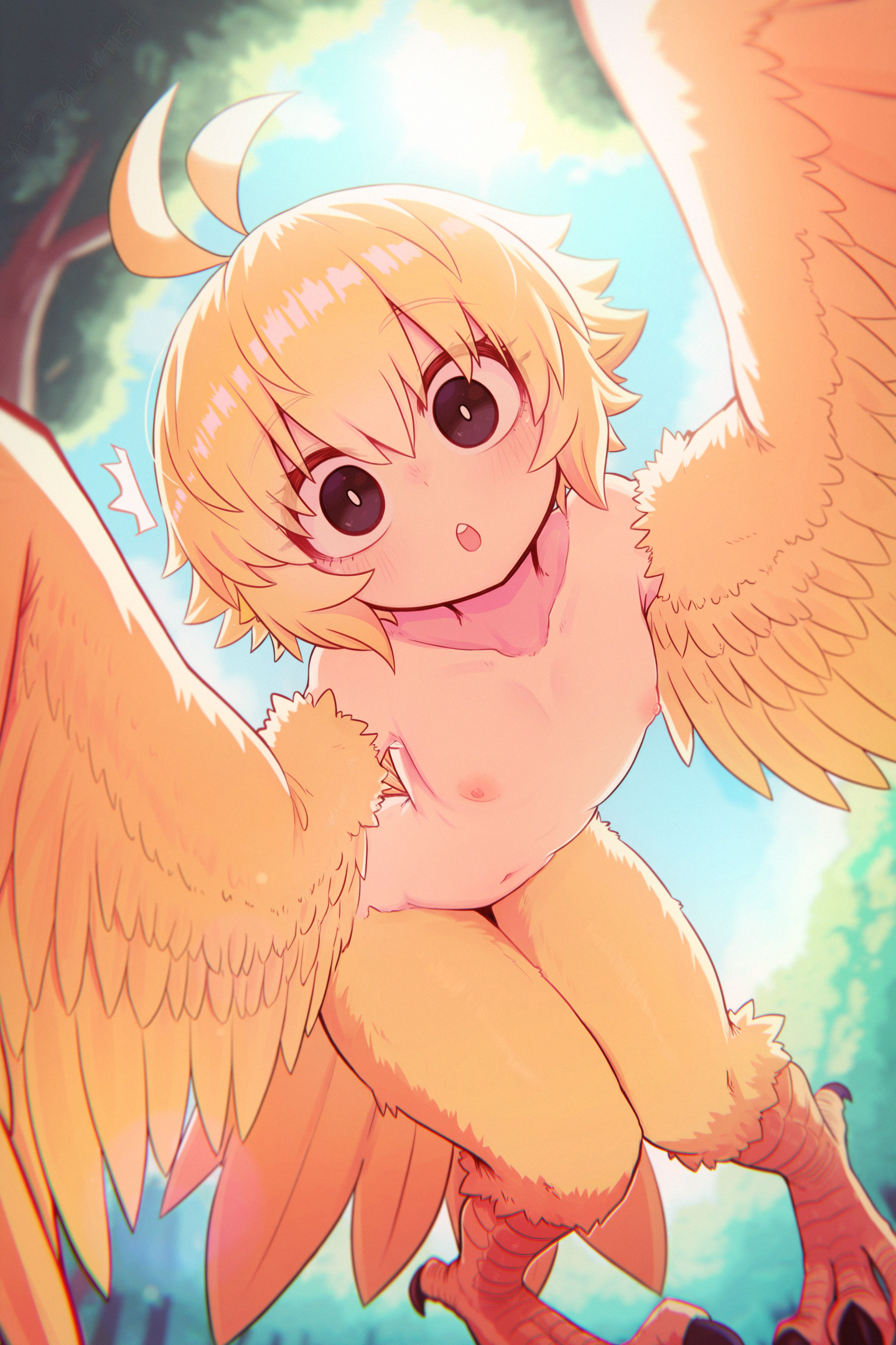 :0, 1girls, ahoge, ai generated, ap2-ai-artist, bird feet, bird girl, bird legs, bird tail, bird wings, black eyes, blonde hair, blush, breasts, curious, cute, double ahoge, feathered wings, feathers, female, flat chest, flipped hair, from behind, harpy, harpy girl, hi res, high resolution, holding viewer, knees together feet apart, leaning forward, monster girl, naked, naked female, navel, nipples, nude, nude female, original, original character, petite, petite body, petite female, short hair, small breasts, surprised, surprised expression, tail, upper teeth, upper teeth only, wings, yellow feathers