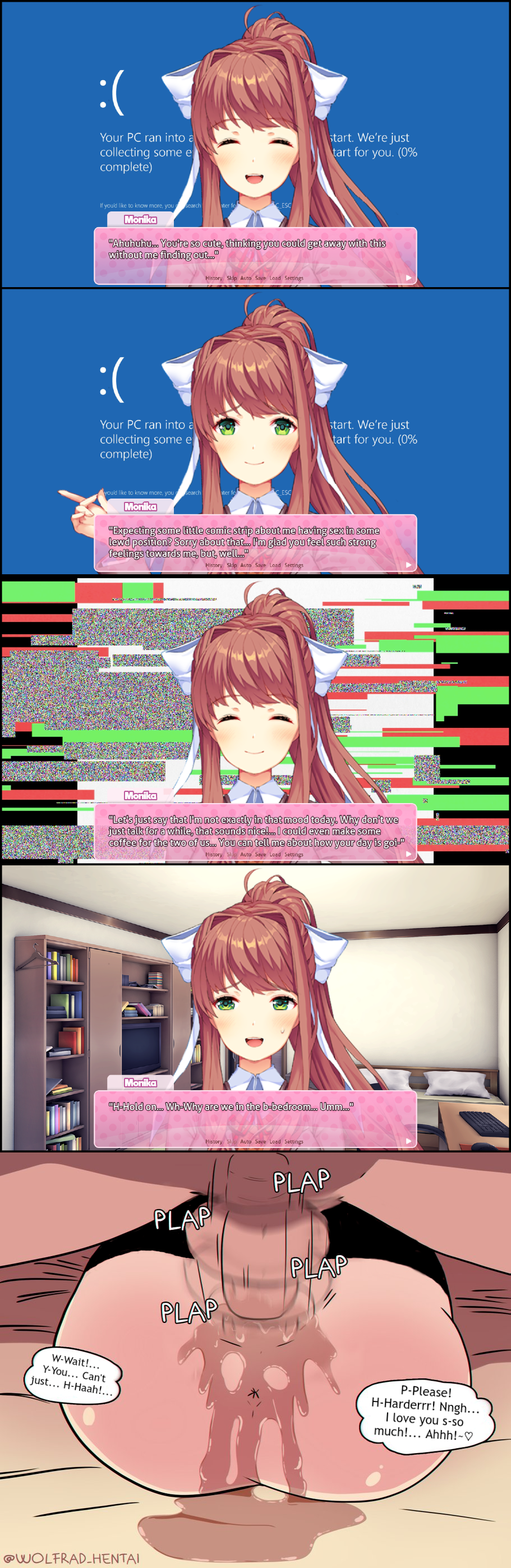 1boy 1girls 2020 anon anus ass backsack balls balls_deep bed bedroom big_ass big_penis black_legwear blue_background bottomless bow breasts brown_hair closed_eyes clothed comic cum cum_in_pussy cum_inside cum_pool ddlc_background ddlc_text_box doki_doki_literature_club edit faceless_male green_eyes hair_ornament hair_ribbon legs_up long_hair mating_press medium_breasts missionary_position monika_(doki_doki_literature_club) motion_lines nervous on_back on_bed on_top open_mouth penis ponytail pussy ribbon romantic_ambiance romantic_sex school_uniform schoolgirl self_insert sex size_difference smaller_female stockings straight sweat sweatdrop talking_to_viewer text thick_thighs thighhighs uniform vaginal_penetration very_long_hair