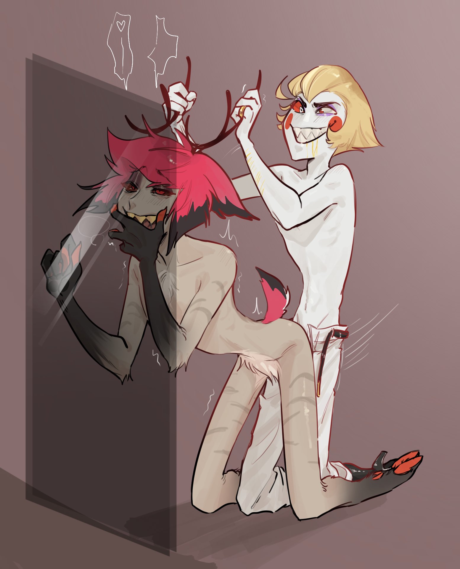 alastor (hazbin hotel), antler grab, artist request, blonde hair, claws, dark skin, demon, ears up, fur tuft, gay, gay anal, gay sex, hazbin hotel, hooves, lucifer morningstar (hazbin hotel), male, public domain, red eyes, red hair, scars, scars on thighs, sex, sharp teeth, tail