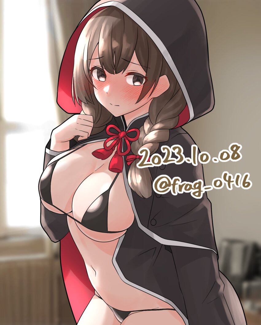 bikini black_bikini black_capelet black_hood braid breasts brown_eyes brown_hair capelet cleavage cowboy_shot dated female female_only furaggu_(frag_0416) highres hood hooded_capelet indoors kantai_collection large_breasts long_hair micro_bikini one-hour_drawing_challenge shinshuu_maru_(kantai_collection) solo solo_female swimsuit twin_braids twintails window