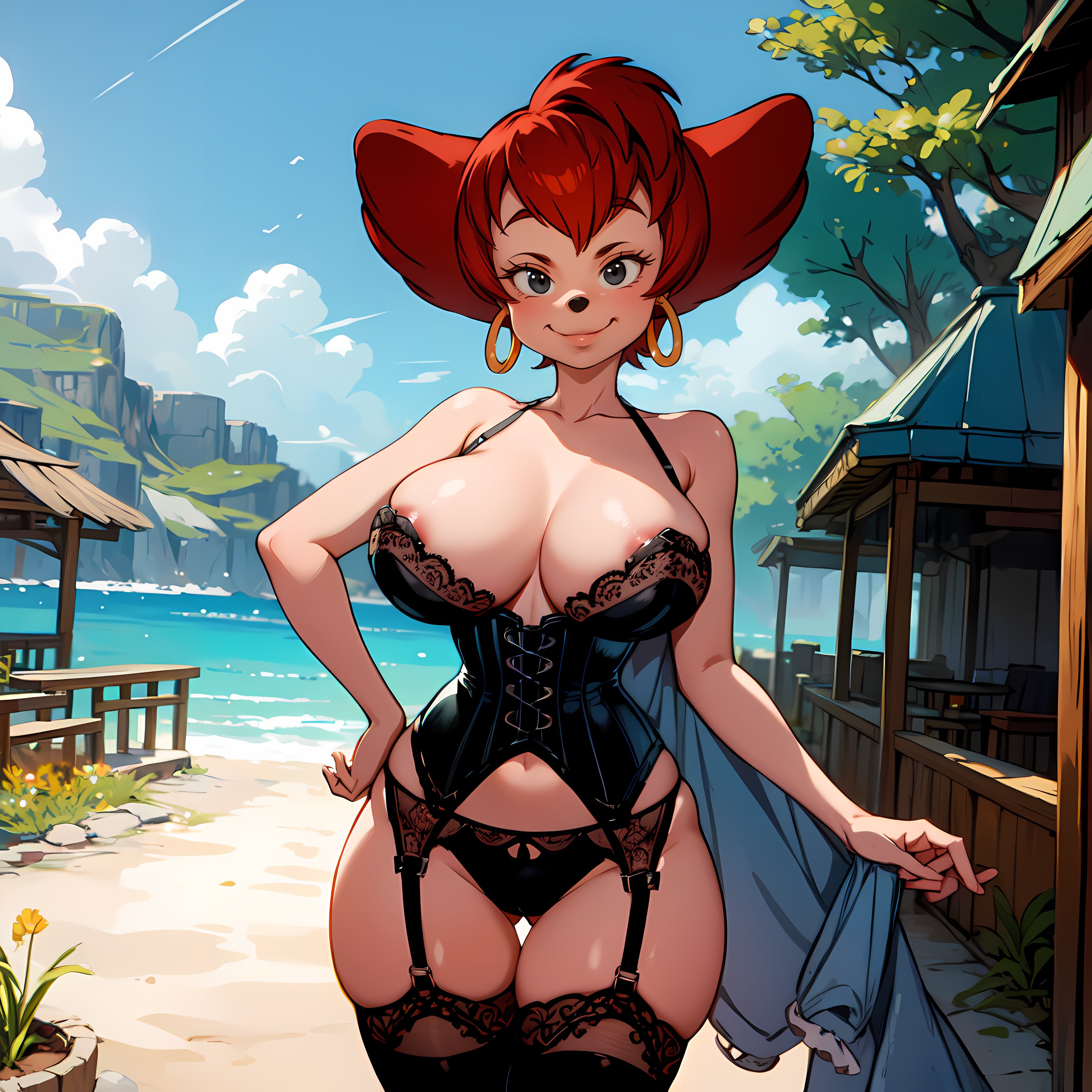 1girls, aegis999 (artist), ai generated, big breasts, breasts, female, garter straps, goof troop, lingerie, peg pete, red hair, short hair