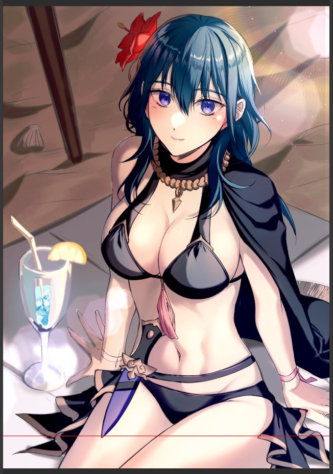 a_(asan_a_aa) alternate_costume bikini black_bikini black_swimsuit blue_eyes breasts byleth_(female)_(summer)_(fire_emblem) byleth_(fire_emblem) byleth_(fire_emblem)_(female) female female_only fire_emblem fire_emblem:_three_houses fire_emblem_heroes nintendo official_alternate_costume solo swimsuit wip