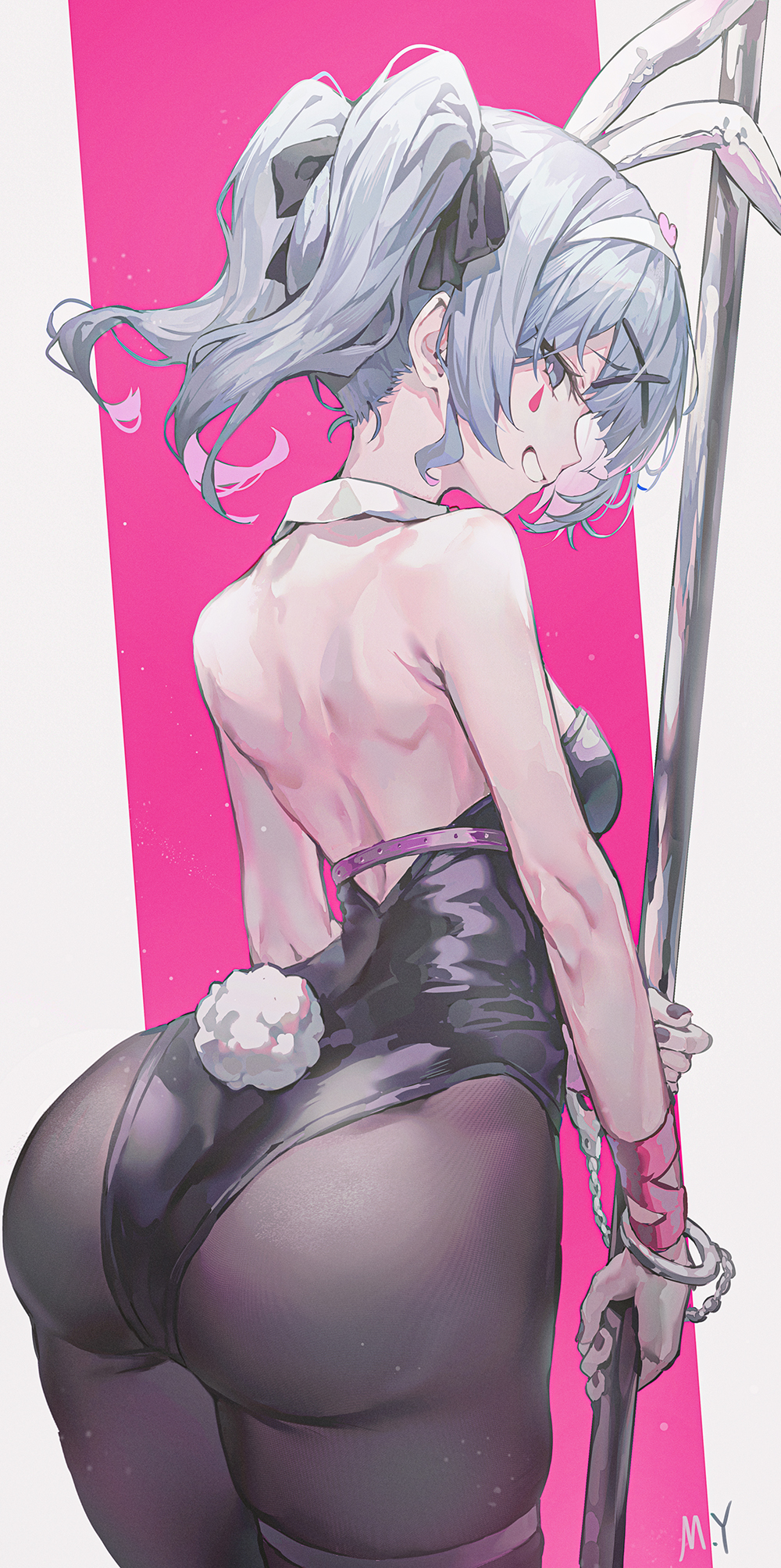 bunny_ears bunny_tail bunnysuit grin hatsune_miku holding_pole large_ass looking_back marking_below_eyes medium_breasts myung_yi nail_polish painted_nails playboy_bunny pole rabbit_hole_(deco*27/caststation) rabbit_hole_(vocaloid) rear_view signature stripper_pole thick_thighs vocaloid wide_hips