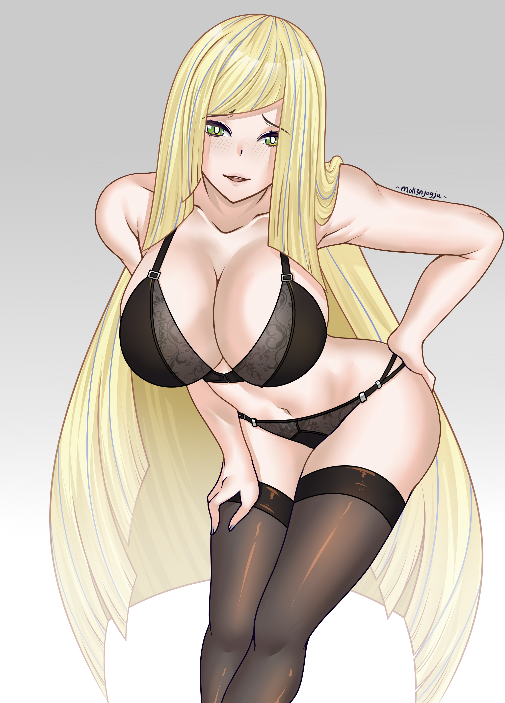 1girls, alternate version available, big breasts, black bra, black panties, black thighhighs, blonde hair, blush, bottomwear, bra, breasts, cleavage, female, female only, game freak, green eyes, hair, hand on hip, hips, lace, lace trim, lace-trimmed bra, lace-trimmed panties, legwear, lingerie, long hair, lusamine (pokemon), mature, mature female, milf, moll3njogja, more at source, mother, panties, pokemon, pokemon sm, solo, solo female, thighhighs, thighs, topwear
