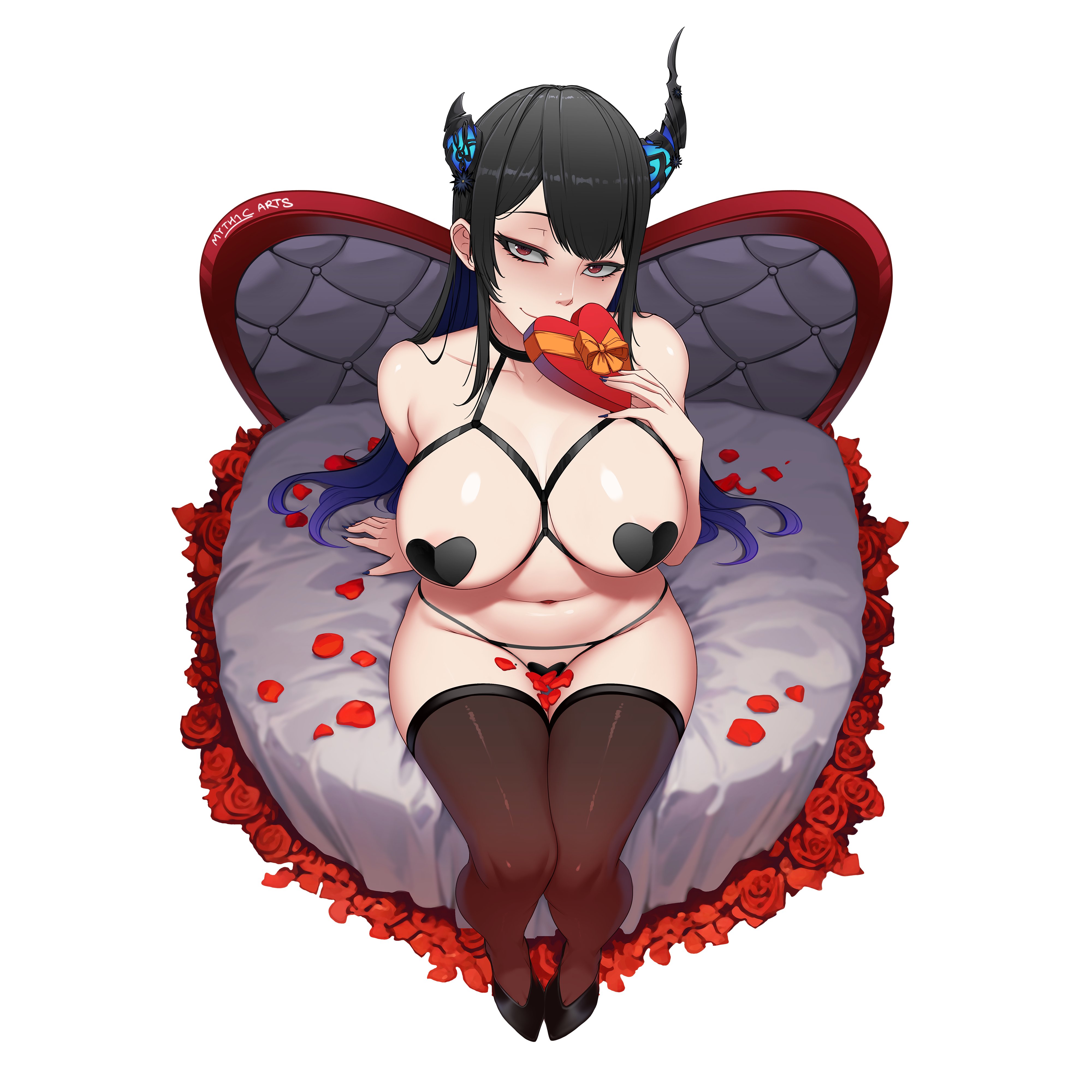 1girls, asymmetrical horns, big breasts, black hair, breasts, broken horn, demon horns, female, female only, heart pasties, hololive, hololive english, hololive english -advent-, horns, light skin, light-skinned female, myth1c, myth1carts, nerissa ravencroft, pasties, very long hair, virtual youtuber