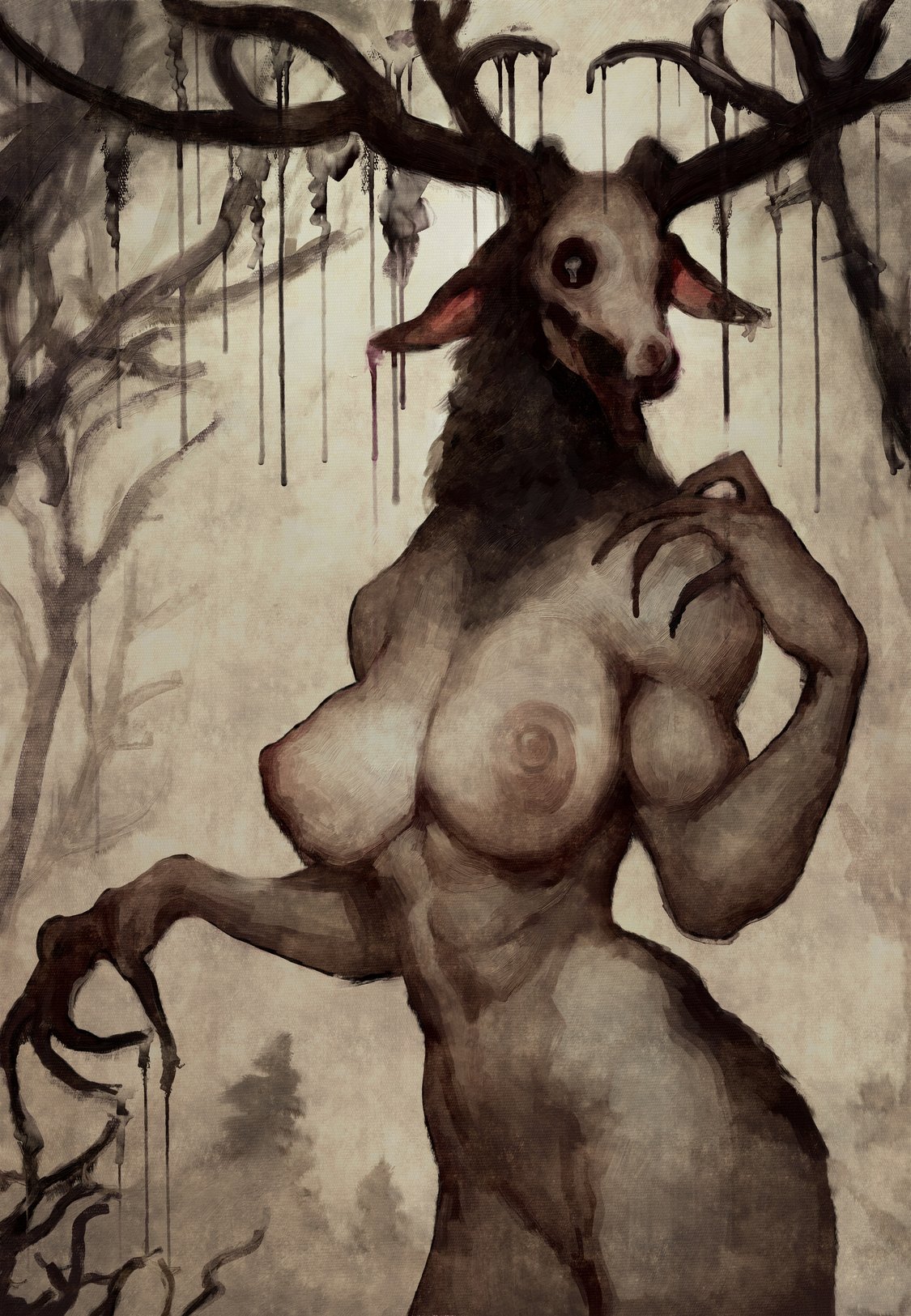 1girls anthlers anthro anthro_only big_breasts breasts dixxbedru female female_monster horror horror_(theme) monster monster_girl nightmare_waifu nipples sharp_claws solo voluptuous voluptuous_female wendigo