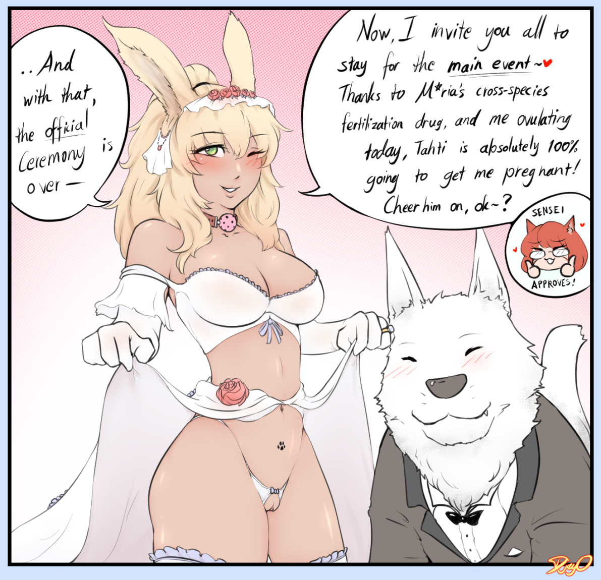 1boy, 1girls, animal humanoid, armwear, ball gag, black text, blush, breasts, canid, canine, canis, cleavage, closed eyes, clothed, clothing, clothing lift, crotchless clothing, crotchless panties, crotchless underwear, dialogue, djayo, dominant feral, dress, dress lift, duo, eyebrow through hair, eyebrows, female, femsub, fur, gag, gag around neck, genitals, gesture, hair, happy sub, humanoid, looking at viewer, male, maledom, mammal, one eye closed, panties, pussy, speech bubble, submissive female, text, thumbs up, translucent, translucent hair, underwear, white clothing, wolf