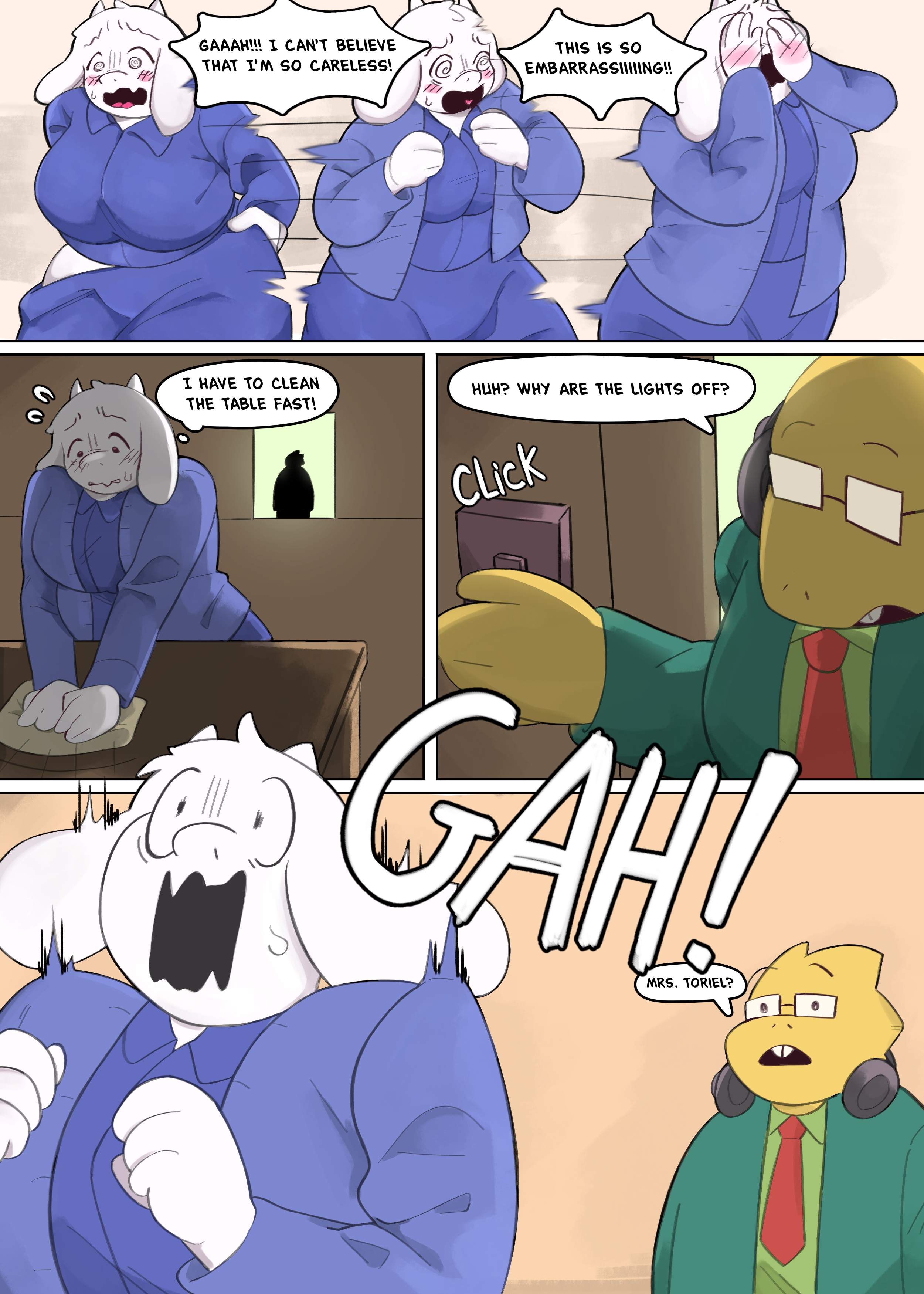 alphys, bbw, comic, comic page, deltarune, embarrassed, female, furry, talking, thenewpassion, toriel, undertale, undertale (series), white body, white fur, white skin, yellow body