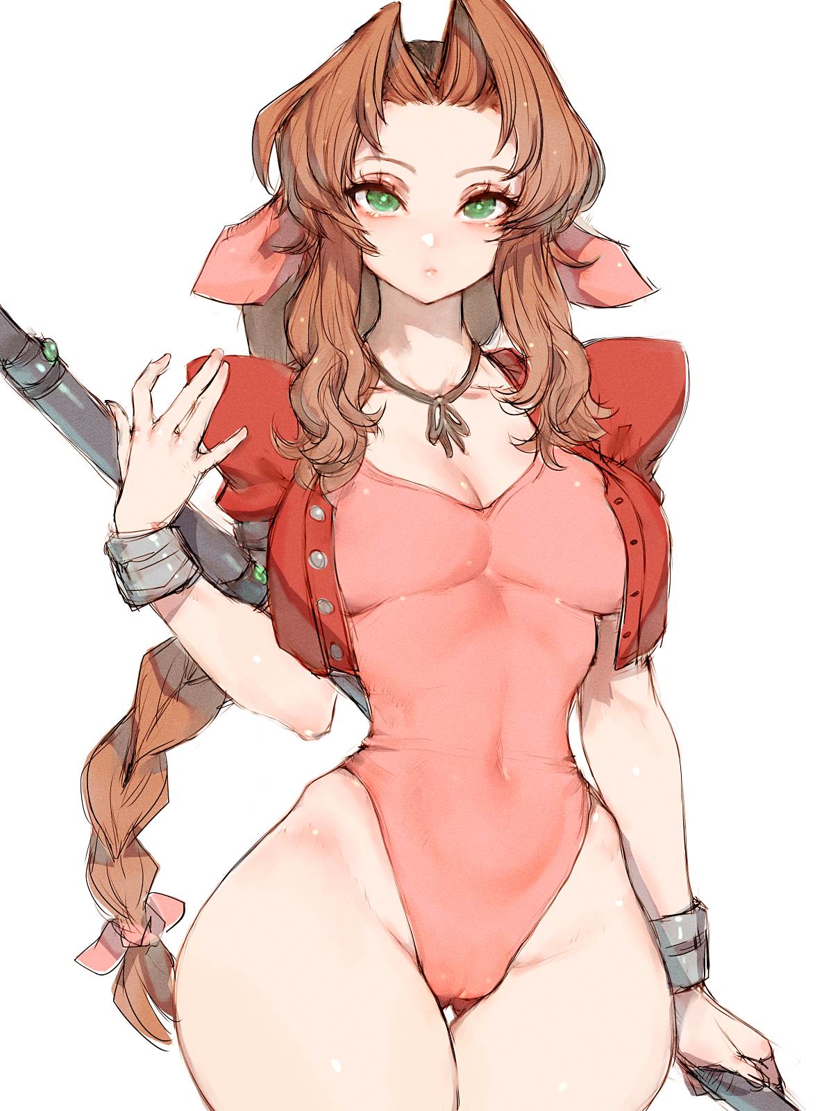 1girls, aerith gainsborough, big breasts, big hips, breasts, brown hair, cameltoe, female, final fantasy, final fantasy vii, fumio (rsqkr), leotard, pussy, solo, thick thighs, thigh gap, wide hips