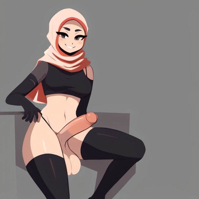 1futa ai_generated aifutalover elbow_gloves futanari gynomorph hijab human looking_at_viewer lowres smug thighhighs