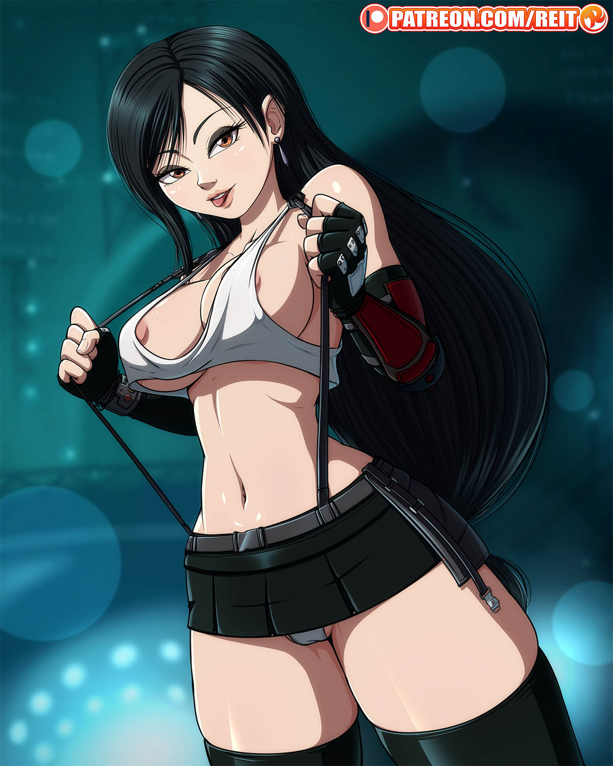 1girls, 4:5, areolae, background, big breasts, black hair, breasts, brown eyes, cameltoe, cleavage, come hither, curvy, earrings, eyeshadow, female, female only, final fantasy, final fantasy vii, final fantasy vii remake, gloves, ineffective clothing, large breasts, long hair, looking at viewer, miniskirt, navel, night, no bra, panties, patreon, pussy, reit, seductive look, skirt, small clothes, suspenders, thighhighs, tifa lockhart, tongue, tongue out