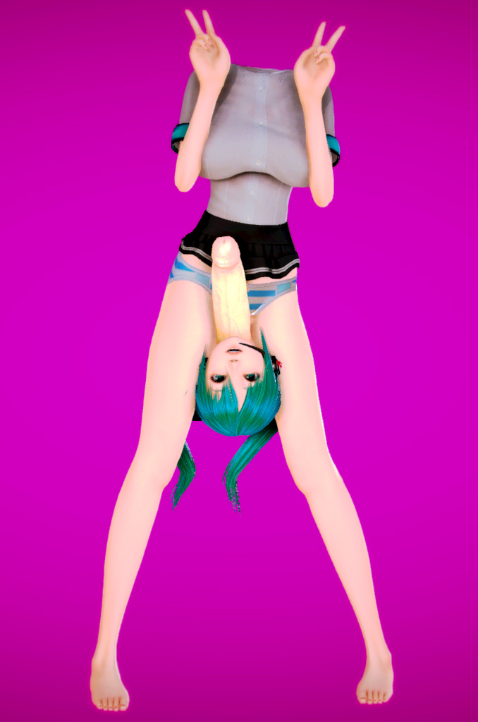 3d detached_head fully_clothed hatsune_miku monophallia penis penis_neck purple_background simple_background unusual_genitalia_placement unusual_penis_placement v_sign vocaloid what ztcj