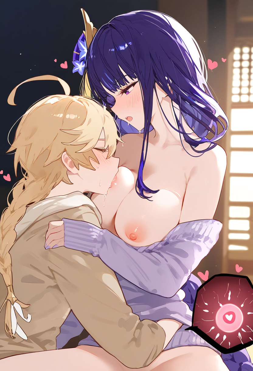 1boy, 1girls, aether (genshin impact), ai generated, artist request, big breasts, breasts, female, genshin impact, long hair, male, mihoyo, pleasure face, raiden shogun, sex, straight, taller female, wholesome, wholesome sex