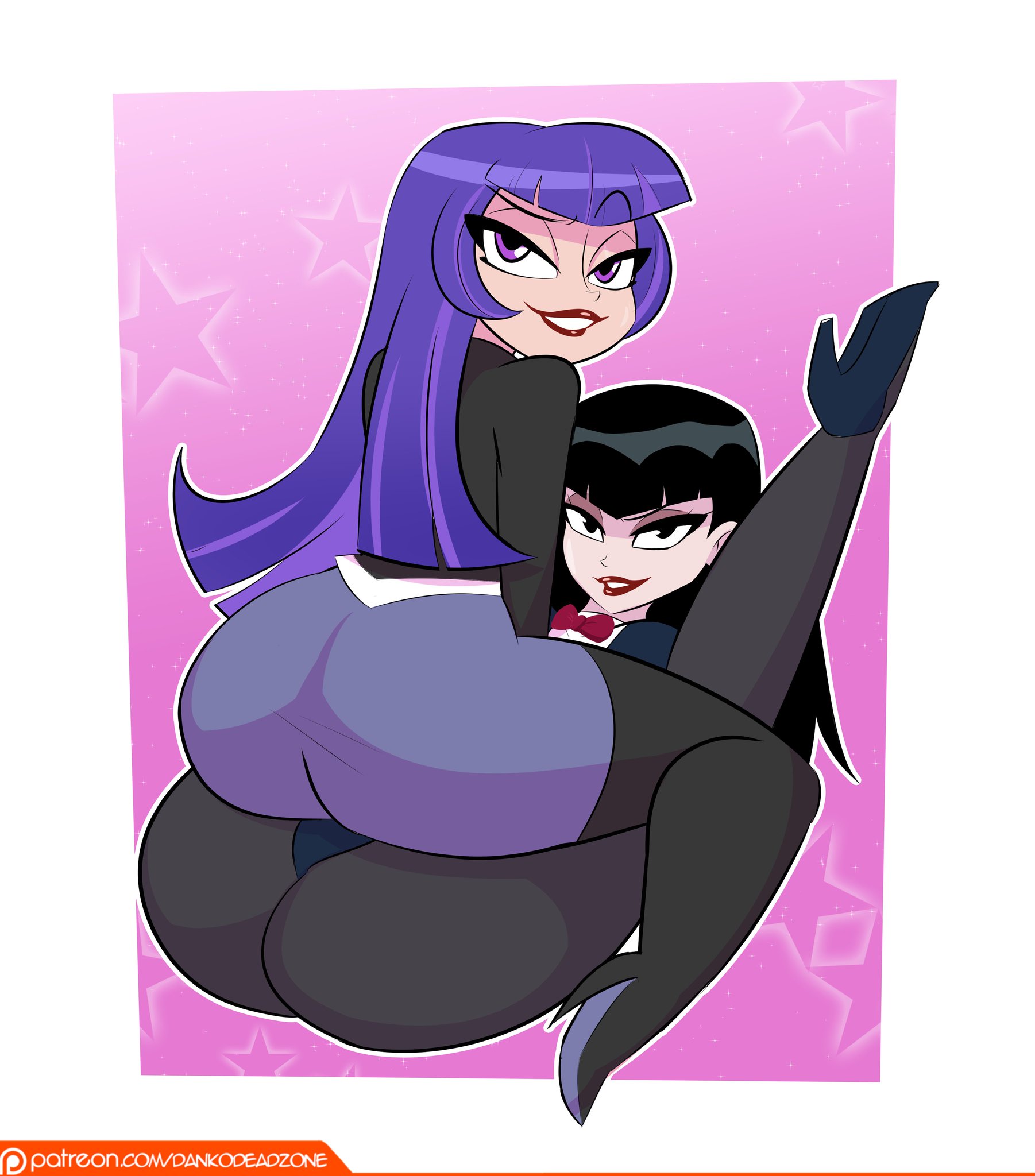 2girls, alternate version available, ass, ass focus, big ass, black eyes, black hair, black-eyed female, black-haired female, bowtie, clothed, clothed female, clothing, counterpart, dankodeadzone, dc, dc comics, dc super hero girls, dual persona, eyeshadow, female, female focus, female only, fully clothed, fully clothed female, hi res, highres, human, justice league action, legs in air, light skin, light-skinned female, lipstick, long hair, long-haired female, looking at viewer, looking back, magician, makeup, multiversal counterpart grouping, pale skin, purple eyes, purple hair, purple-eyed female, purple-haired female, red bowtie, selfcest, sitting on person, smile, smiling, smiling at viewer, smirk, smirking, smirking at viewer, smug, square crossover, superhero, superhero costume, superheroine, take your pick, thighs, uniform, zatanna, zatanna (justice league action), zatanna zatara, zee zatara