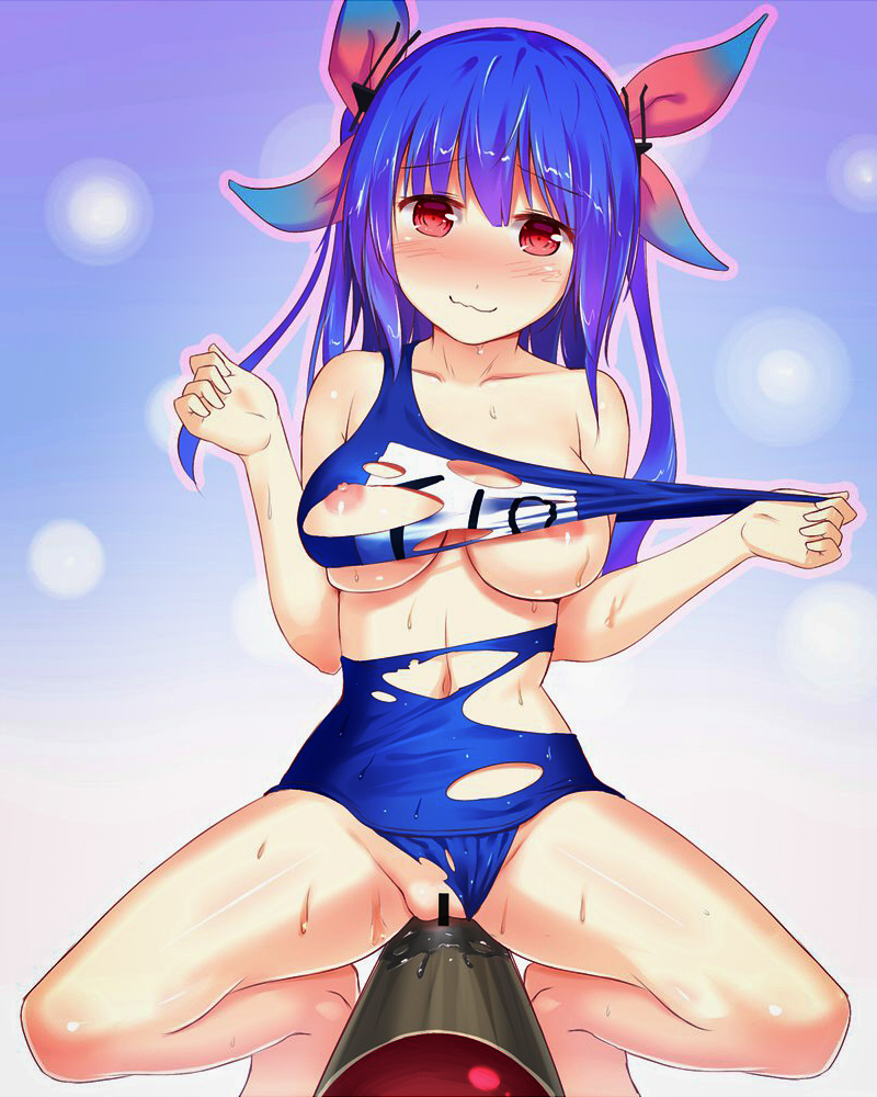 bangs bar_censor bare_arms bare_legs barefoot blue_hair blush breasts censored closed_mouth eyebrows_visible_through_hair female gradient gradient_background hair_ribbon i-19_(kantai_collection) kantai_collection long_hair looking_at_viewer medium_breasts name_tag navel nipples pussy pussy_juice red_eyes ribbon smile solo sweat swimsuit swimsuit_pull torn_clothes torn_swimsuit torpedo two-tone_ribbon yonaga_(masa07240)