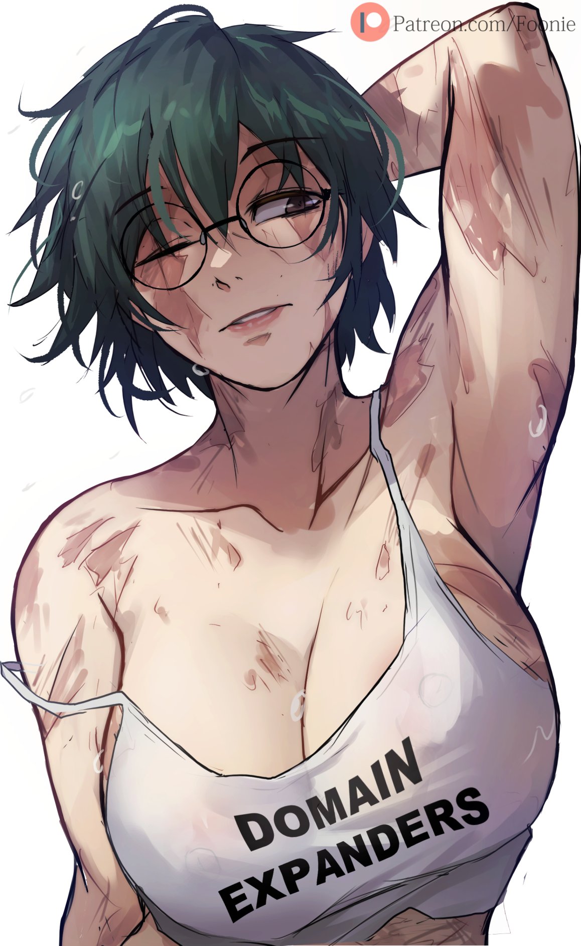 1girls big_breasts burn_scar cleavage female female_only foonie foonie_xd glasses green_hair jujutsu_kaisen large_breasts one_eye_closed scar scars scars_all_over solo solo_female solo_focus text_on_clothing zenin_maki